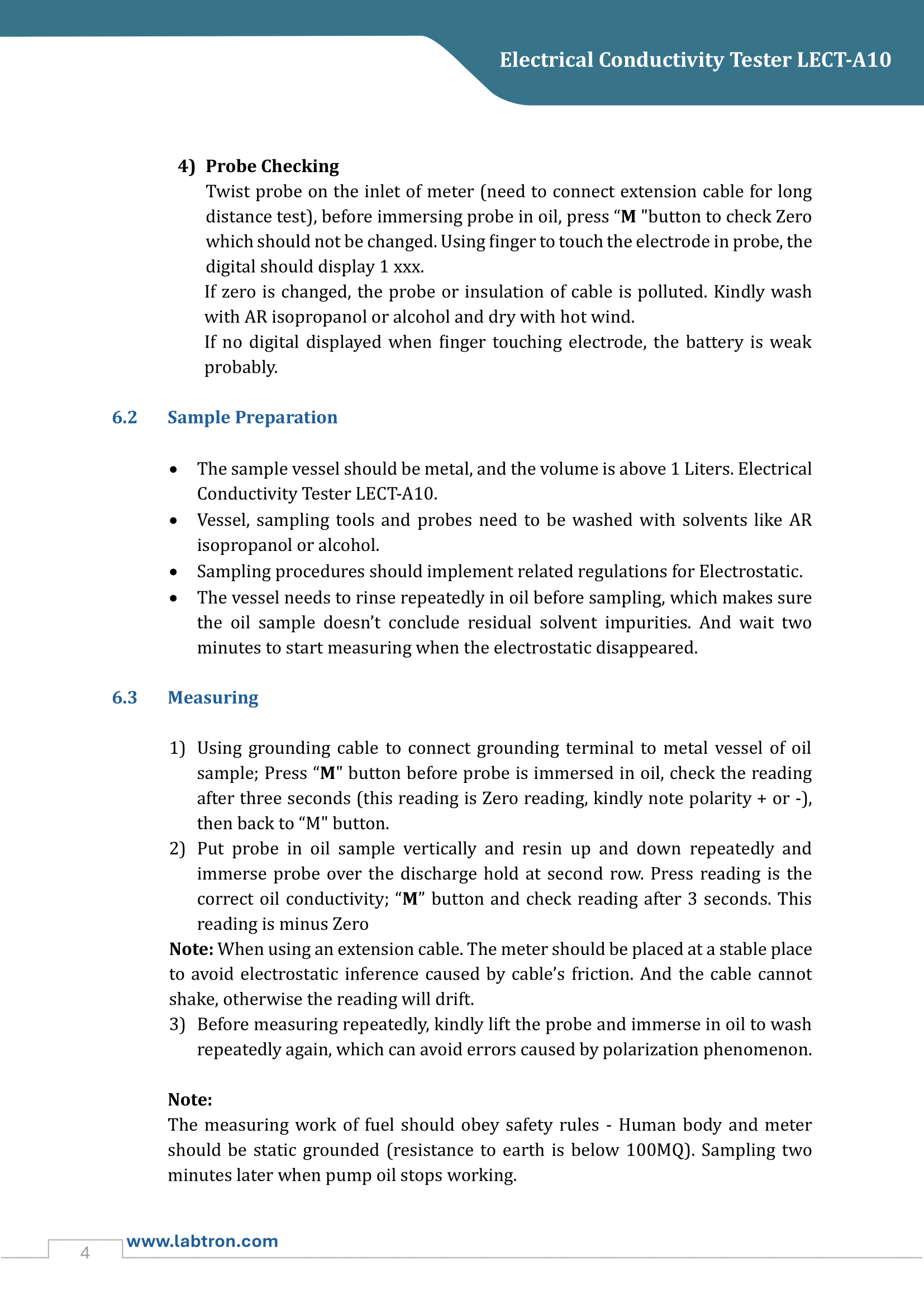 Electrical Conductivity Tester Lect A10 Operating Manual