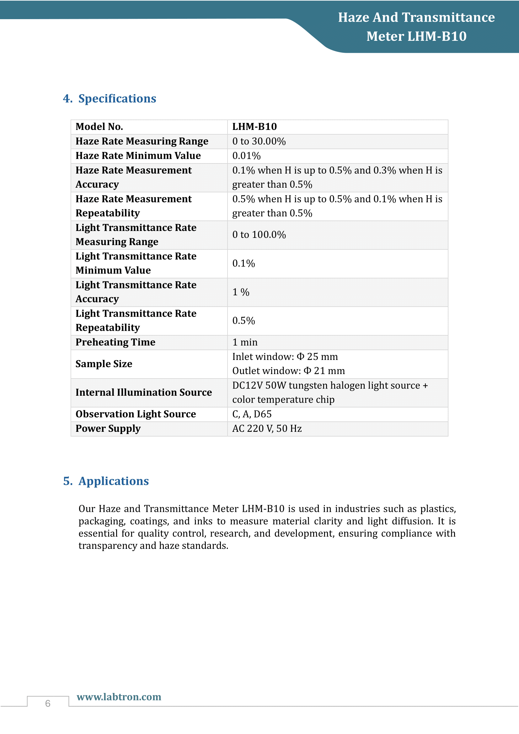 Haze And Transmittance Meter LHM-B10 Manual