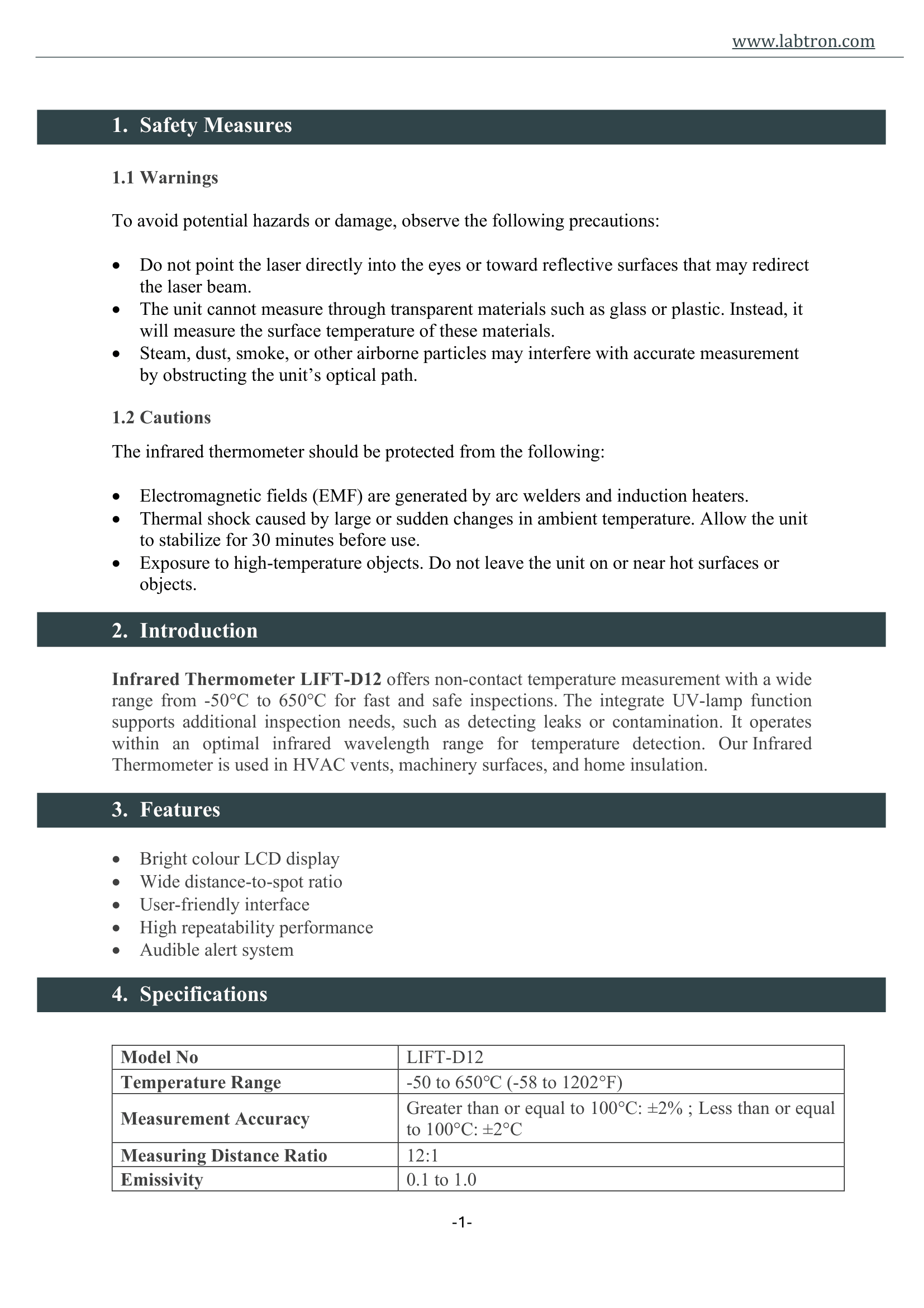 Infrared Thermometer LIFT-D12 Manual