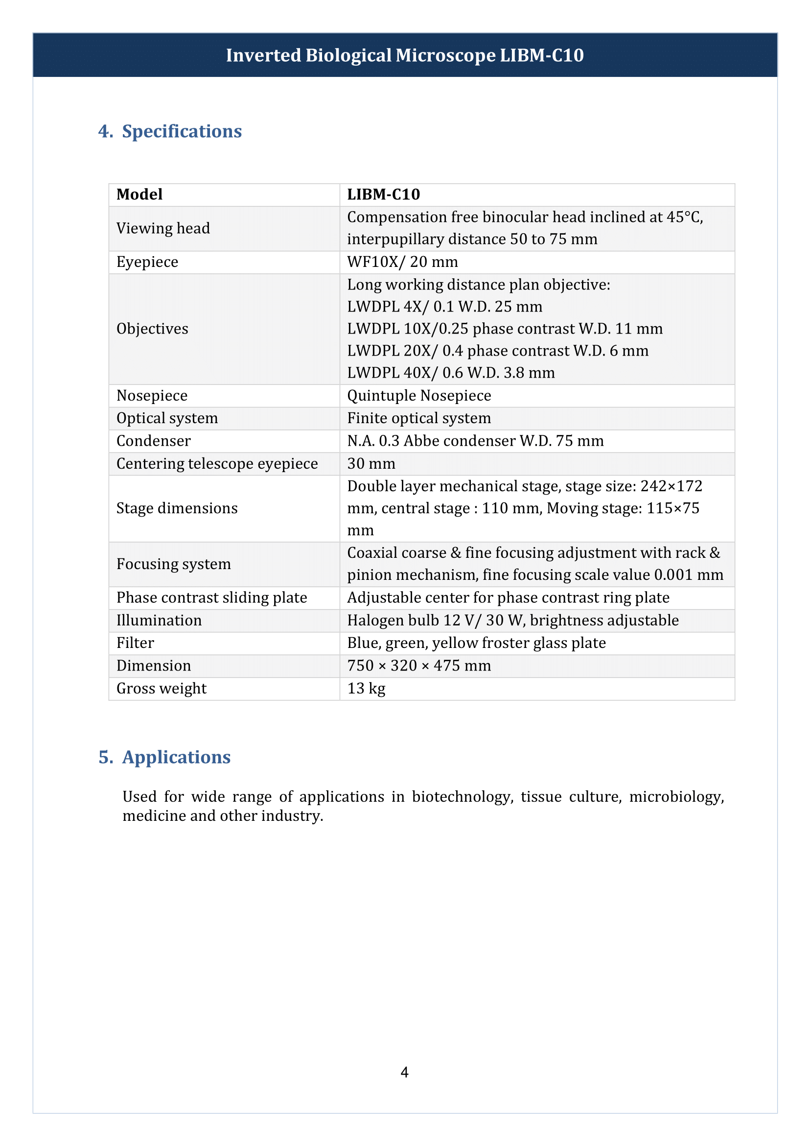 Inverted Biological Microscope LIBM-C10 Manual