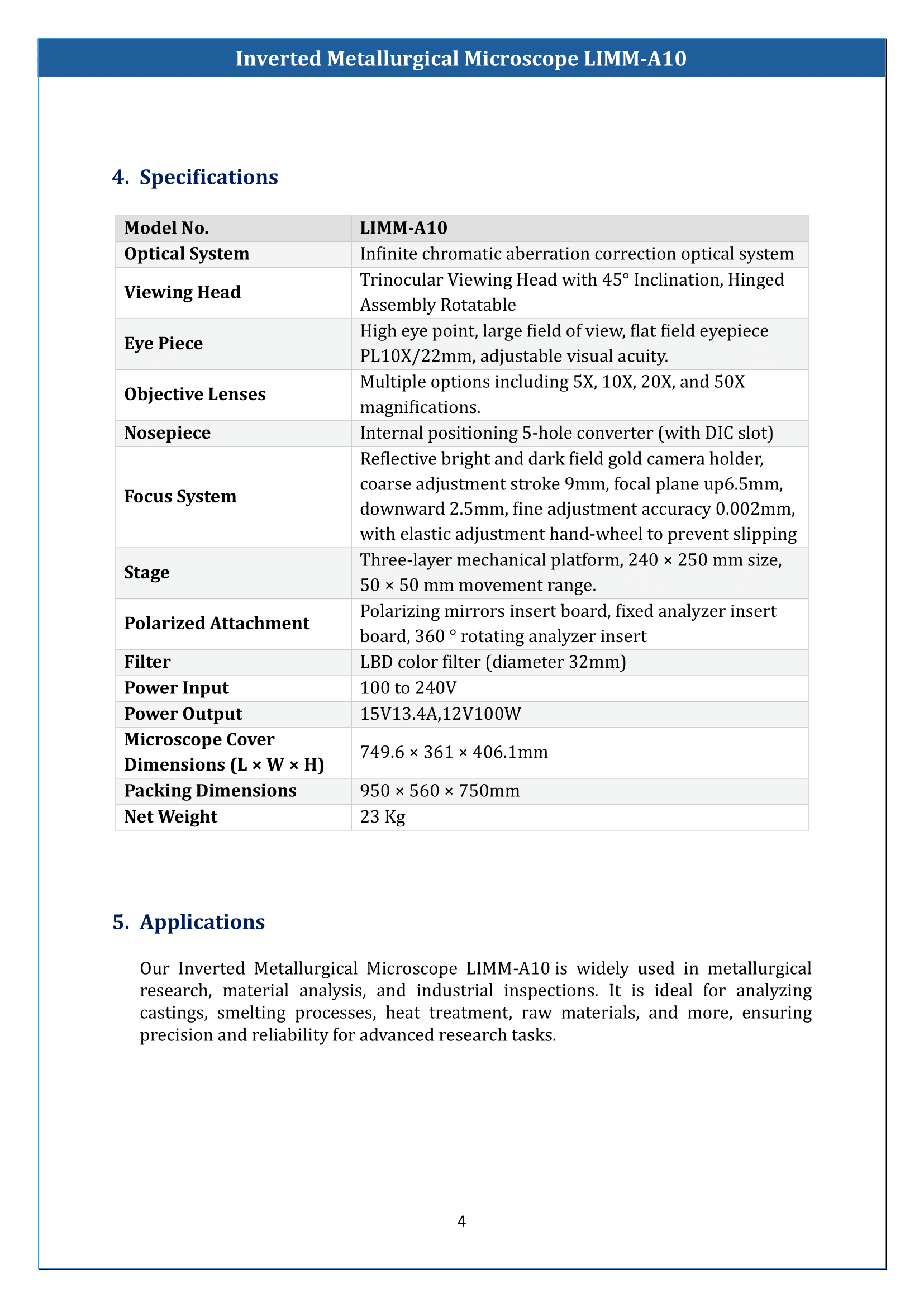 Inverted Metallurgical Microscope LIMM-A10 Manual