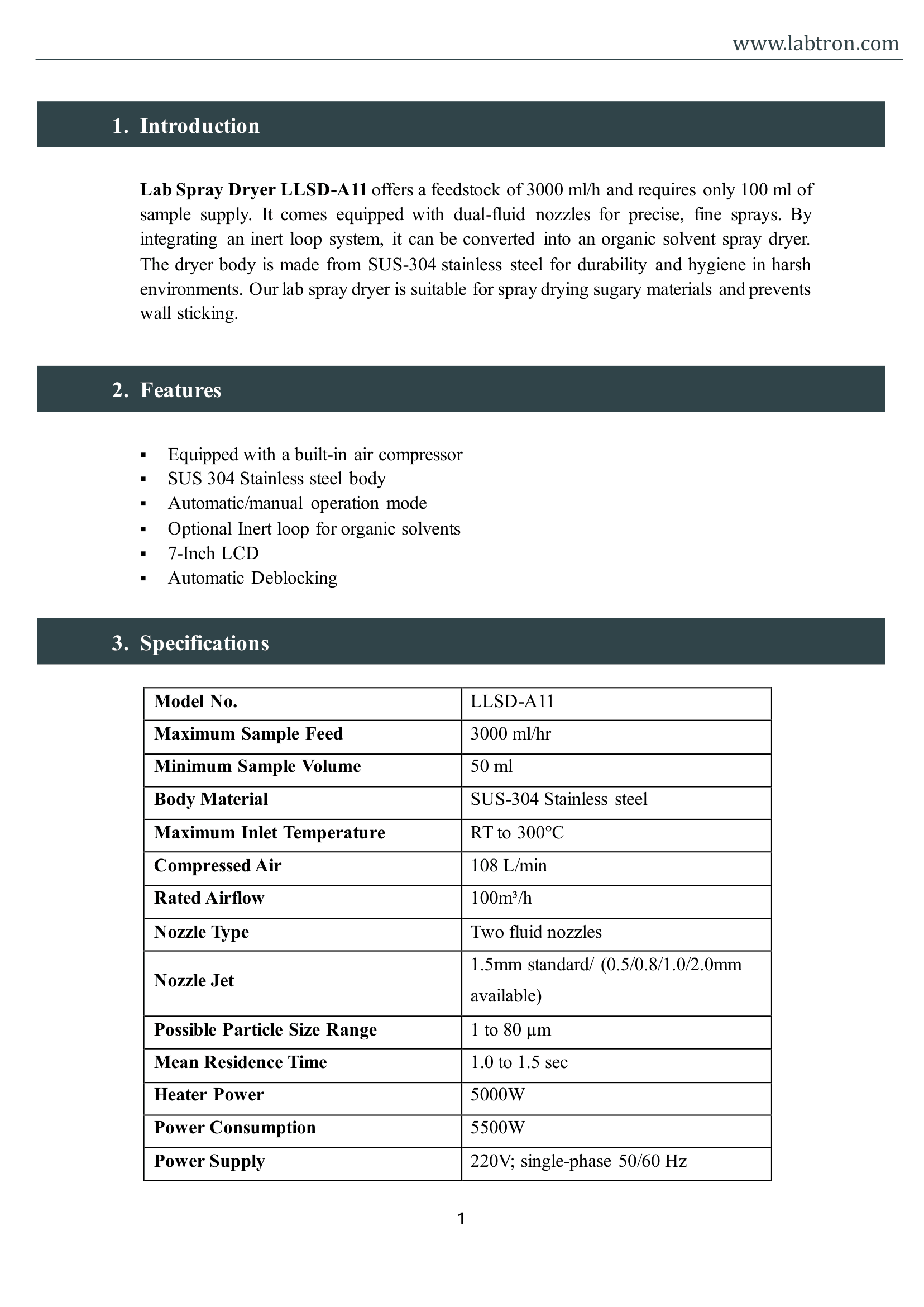 Lab Spray Dryer LLSD-A11 Manual