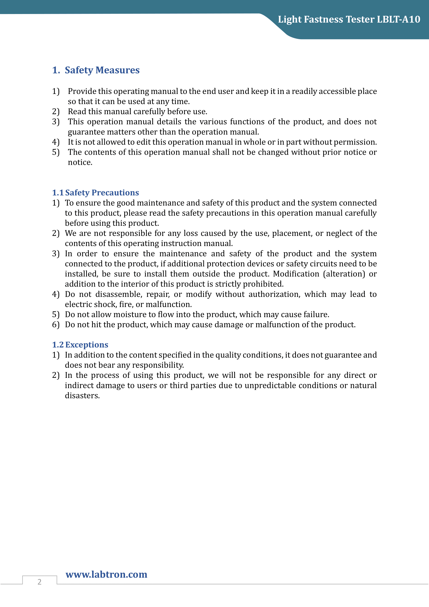 Light Fastness Tester LBLT-A10 Manual