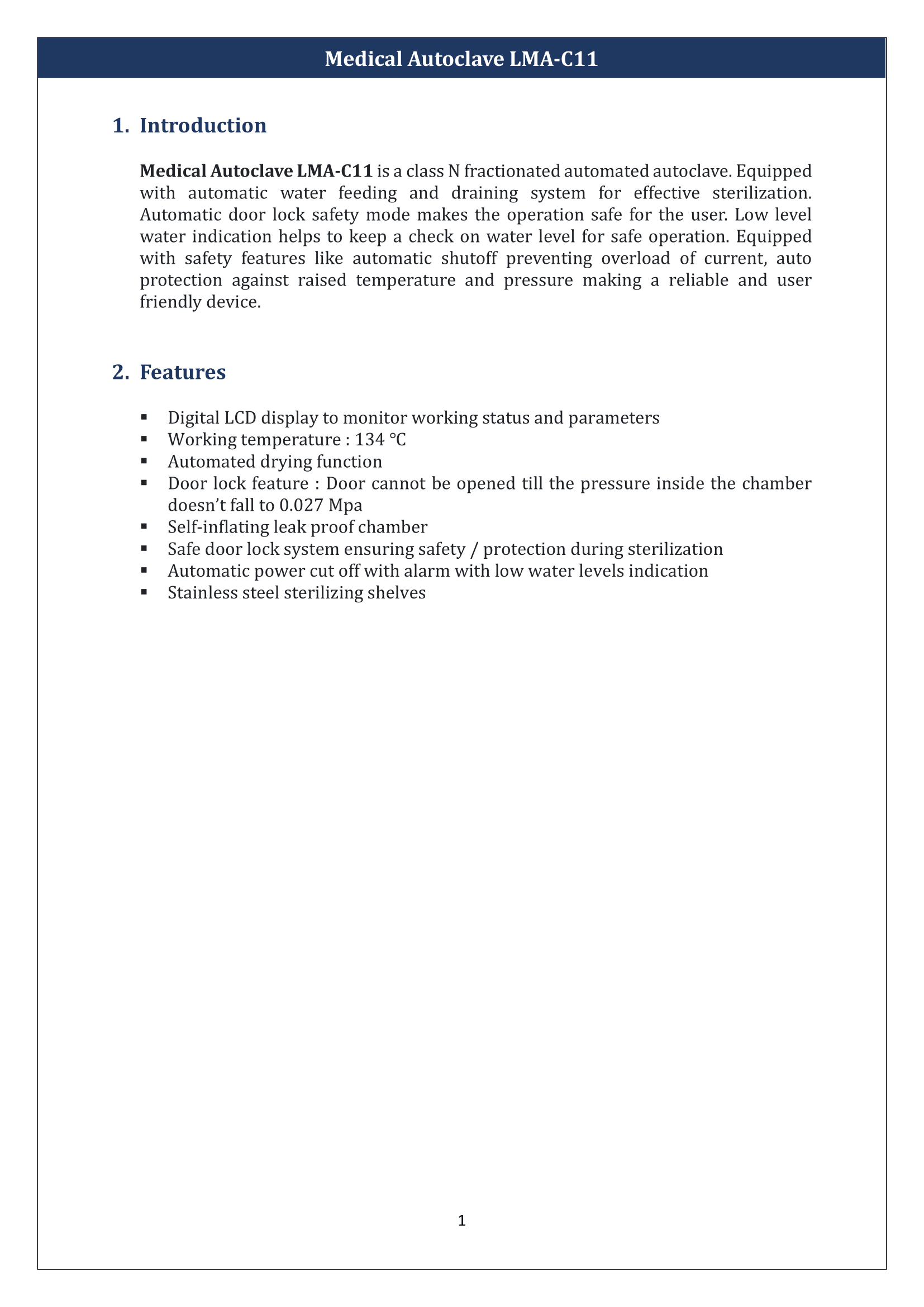Table Top Medical Autoclave LMA-C11 Manual