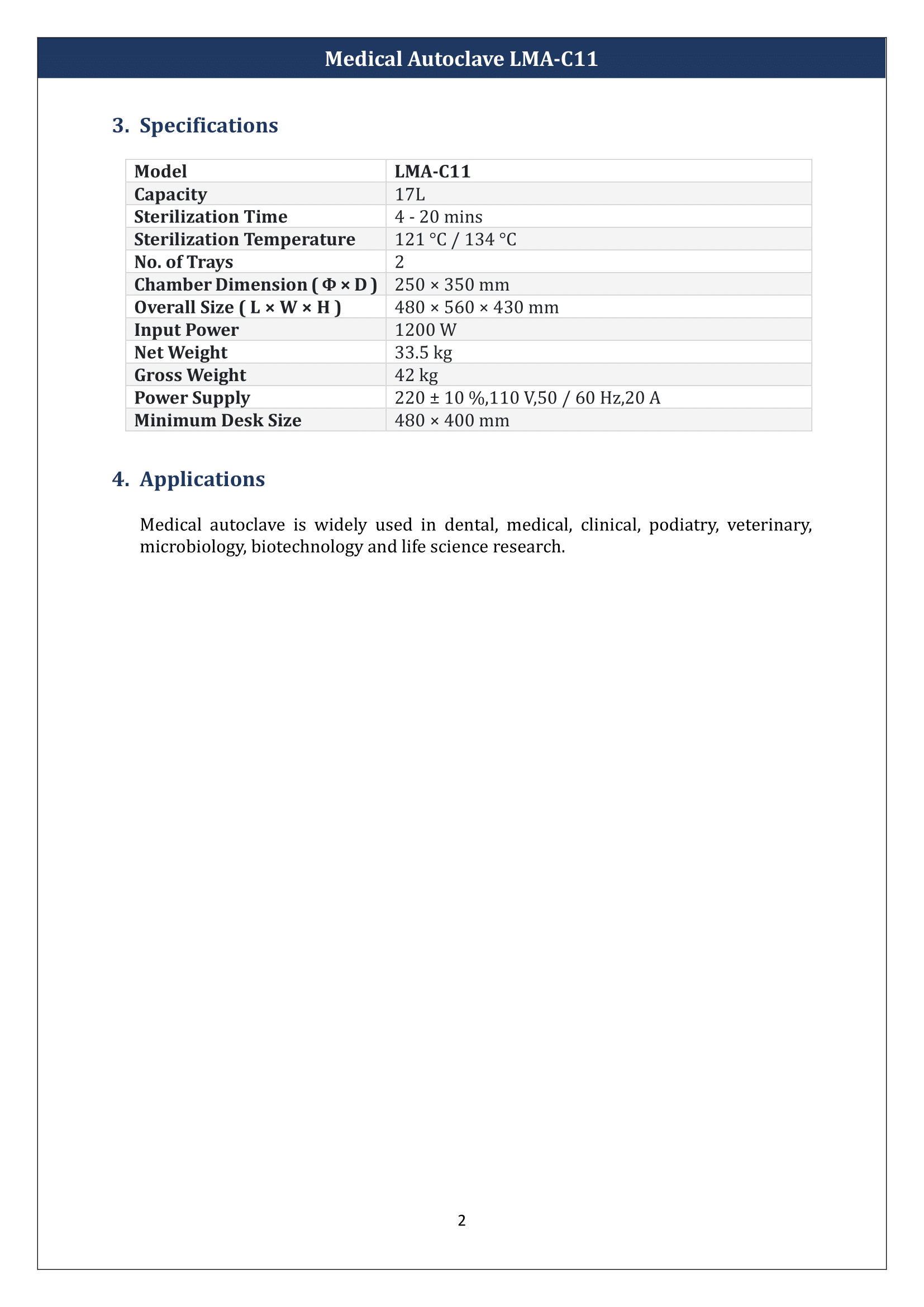 Table Top Medical Autoclave LMA-C11 Manual