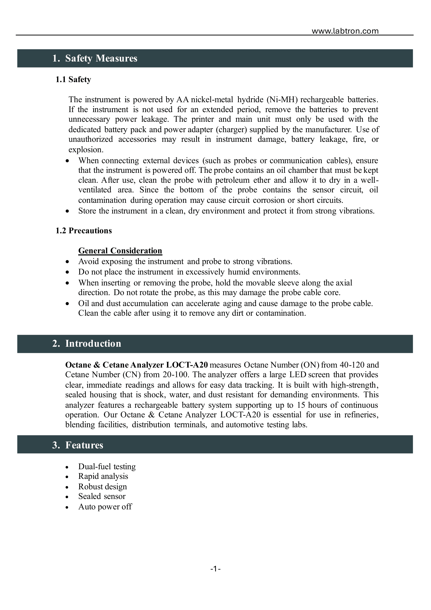 Octane & Cetane Analyzer LOCT-A20 Manual