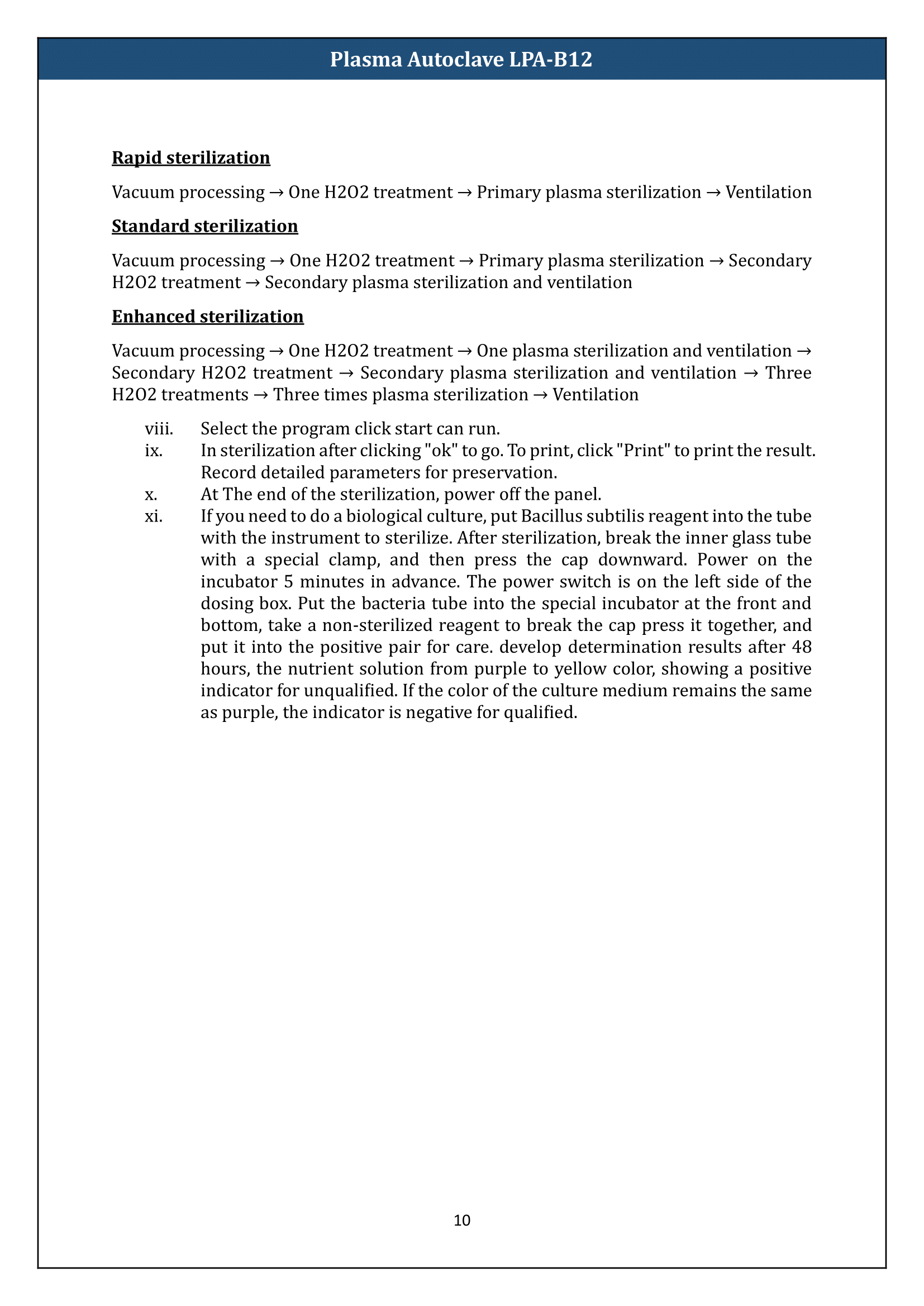 Plasma Autoclave LPA-B12 Manual