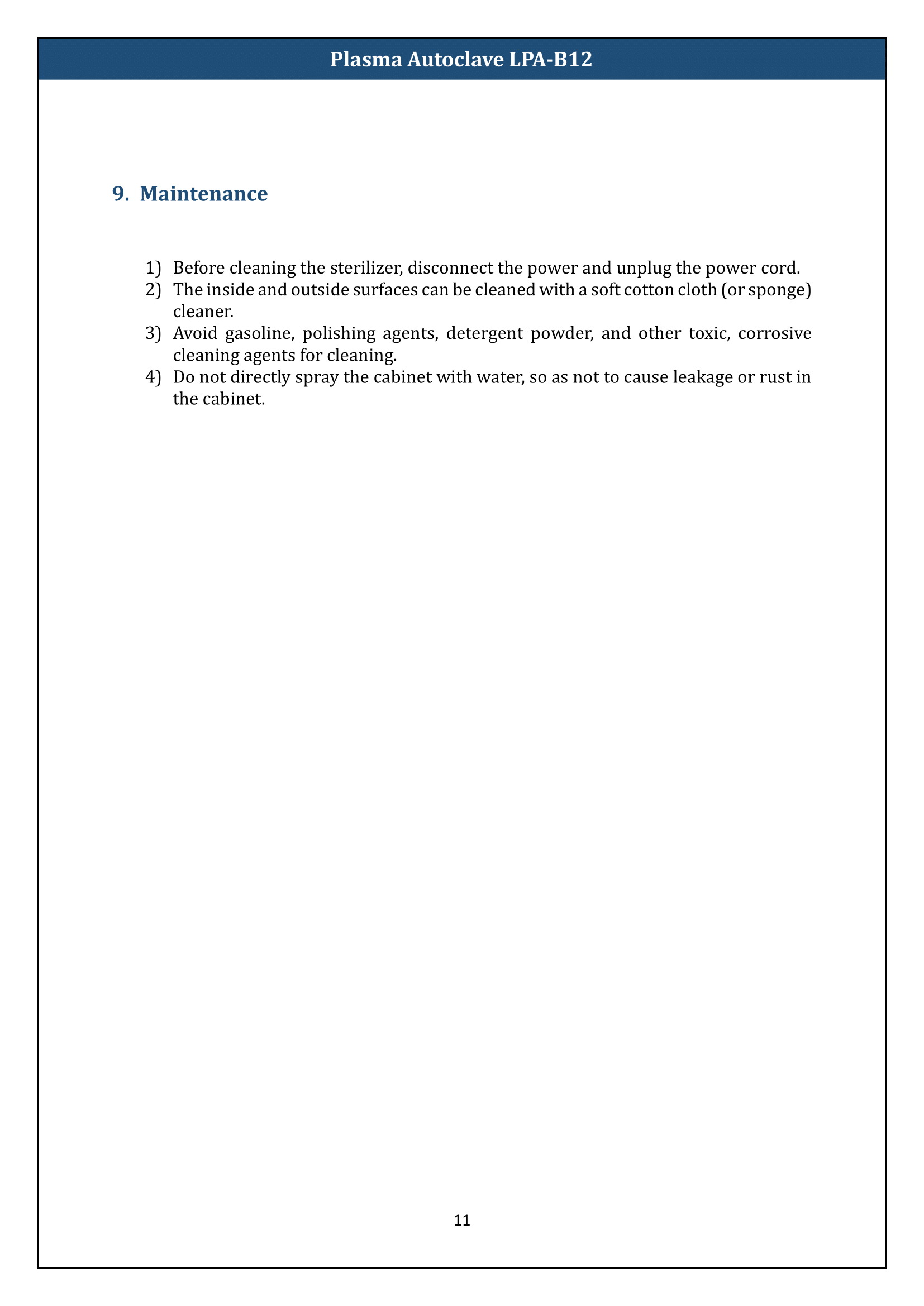 Plasma Autoclave LPA-B12 Manual