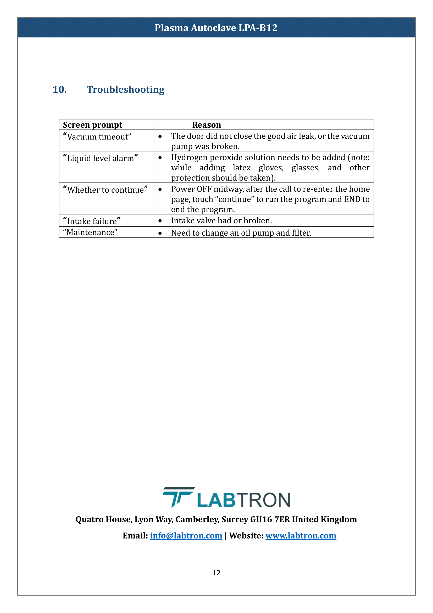 Plasma Autoclave LPA-B12 Manual