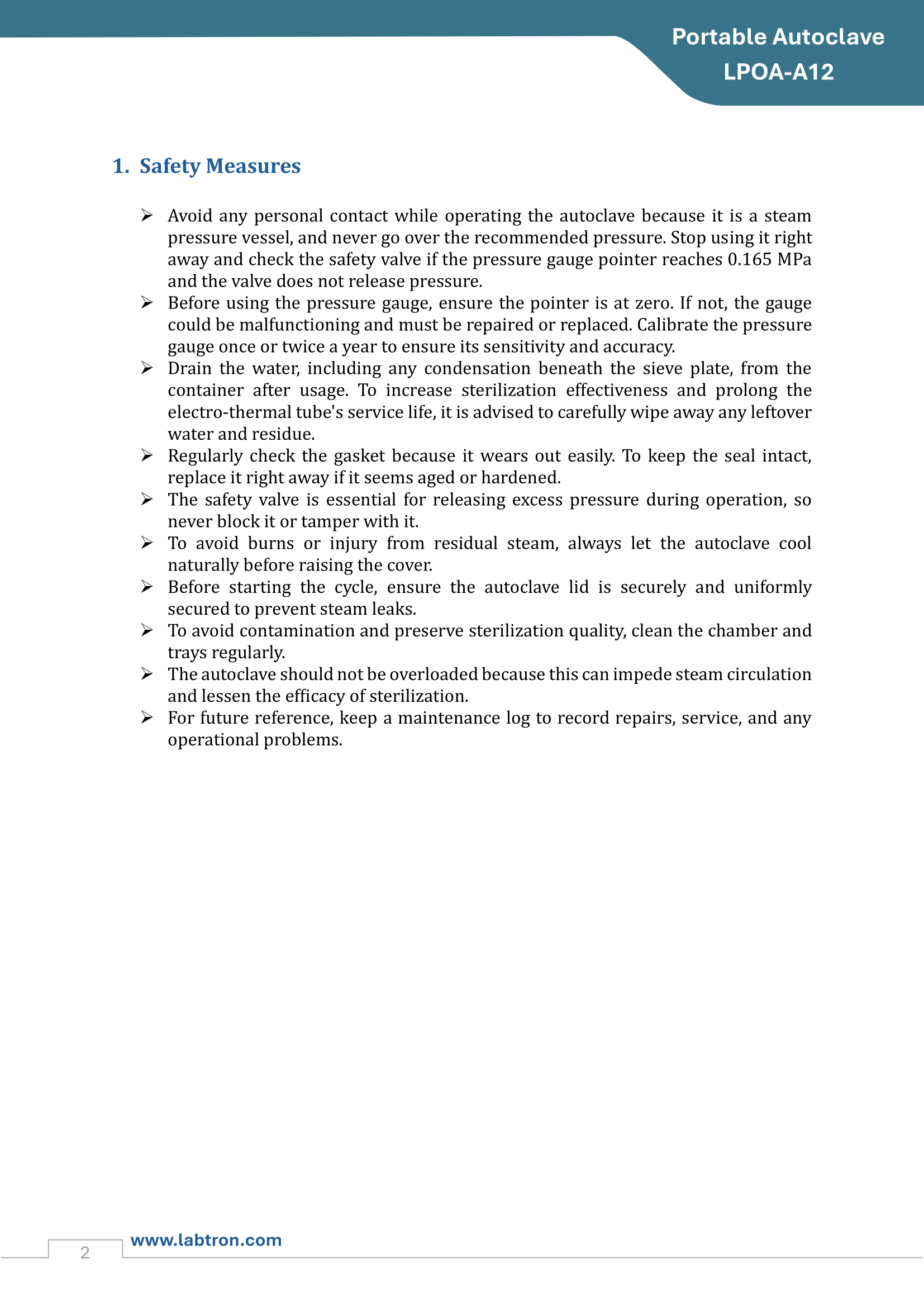 Portable Autoclave LPOA-A12 Manual