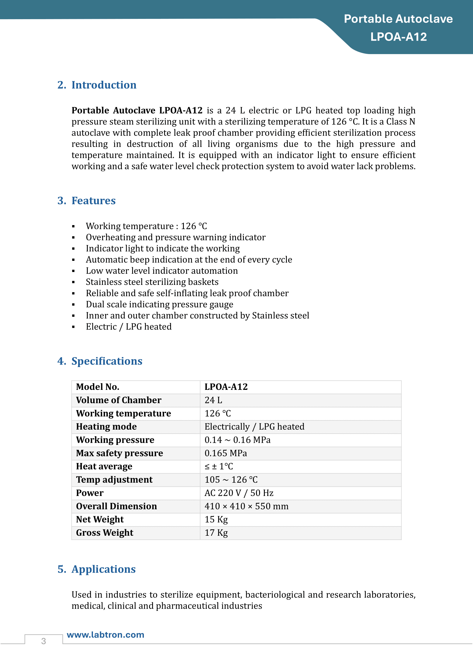 Portable Autoclave LPOA-A12 Manual