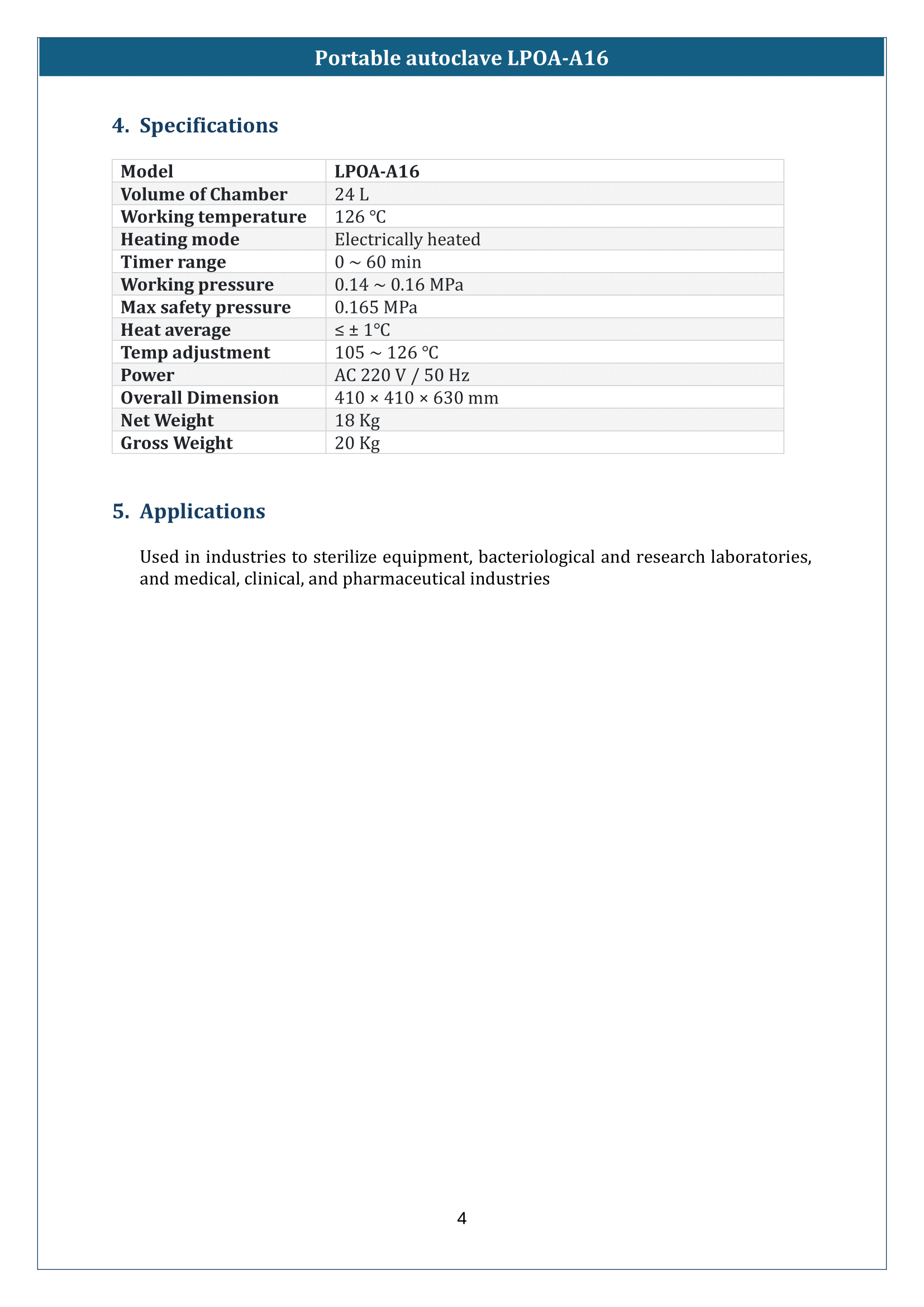 Portable Autoclave LPOA-A16 Manual