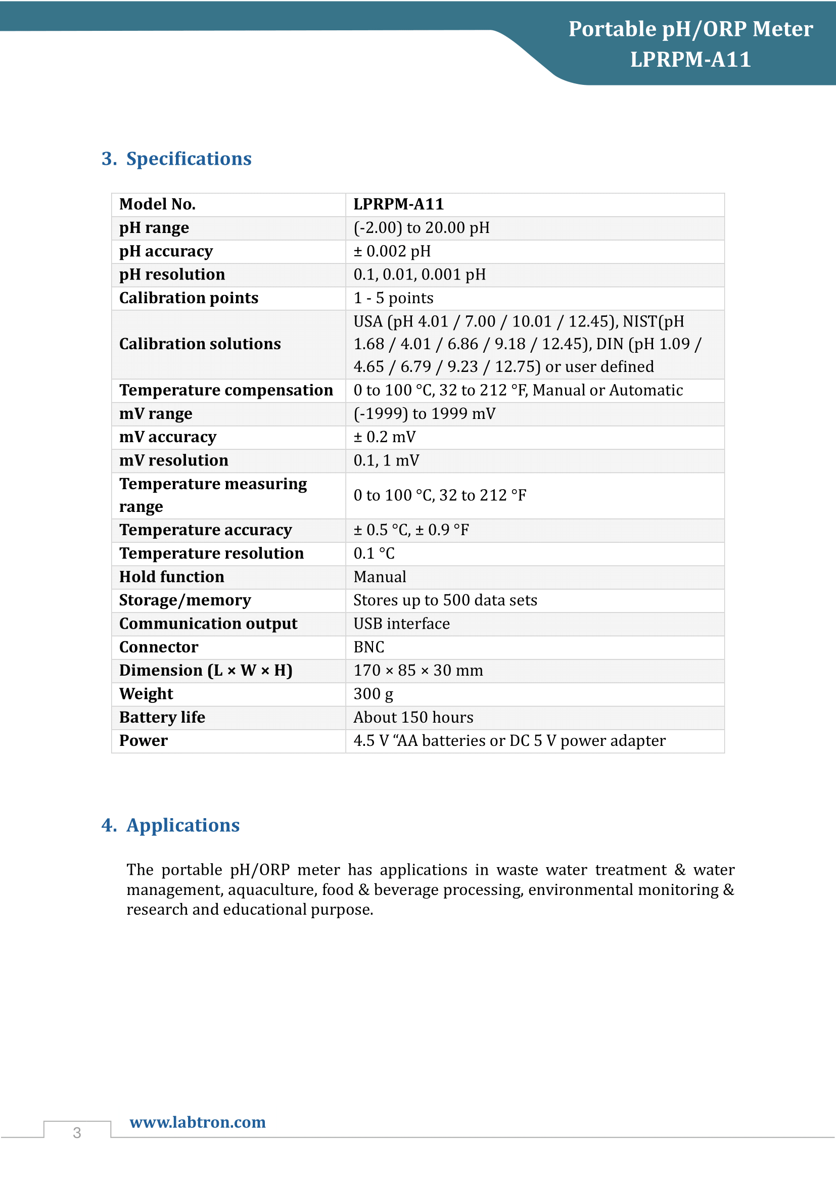Portable pH/ORP meter LPRPM-A11 Manual