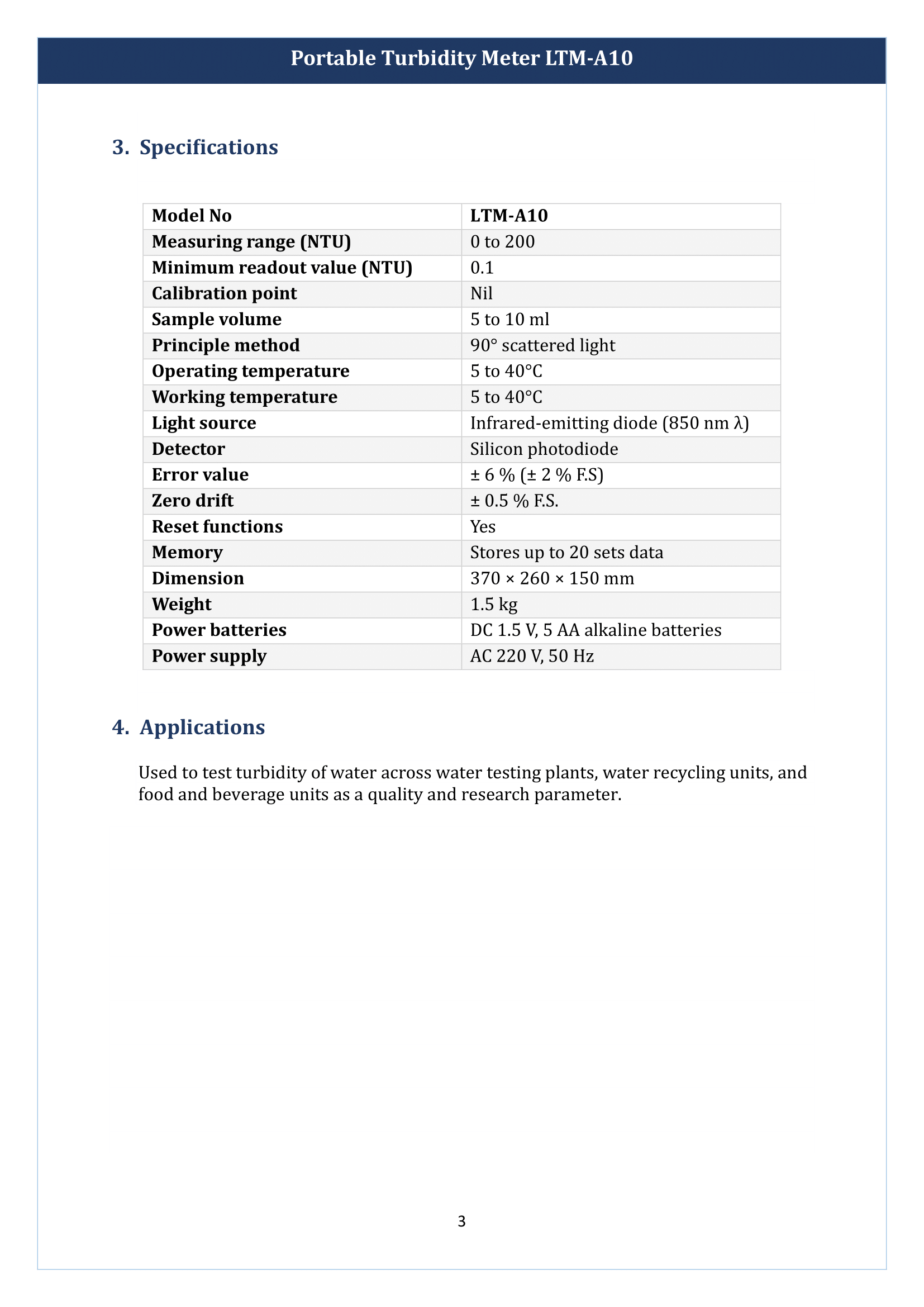 Portable Turbidity Meter LTM-A10 Manual