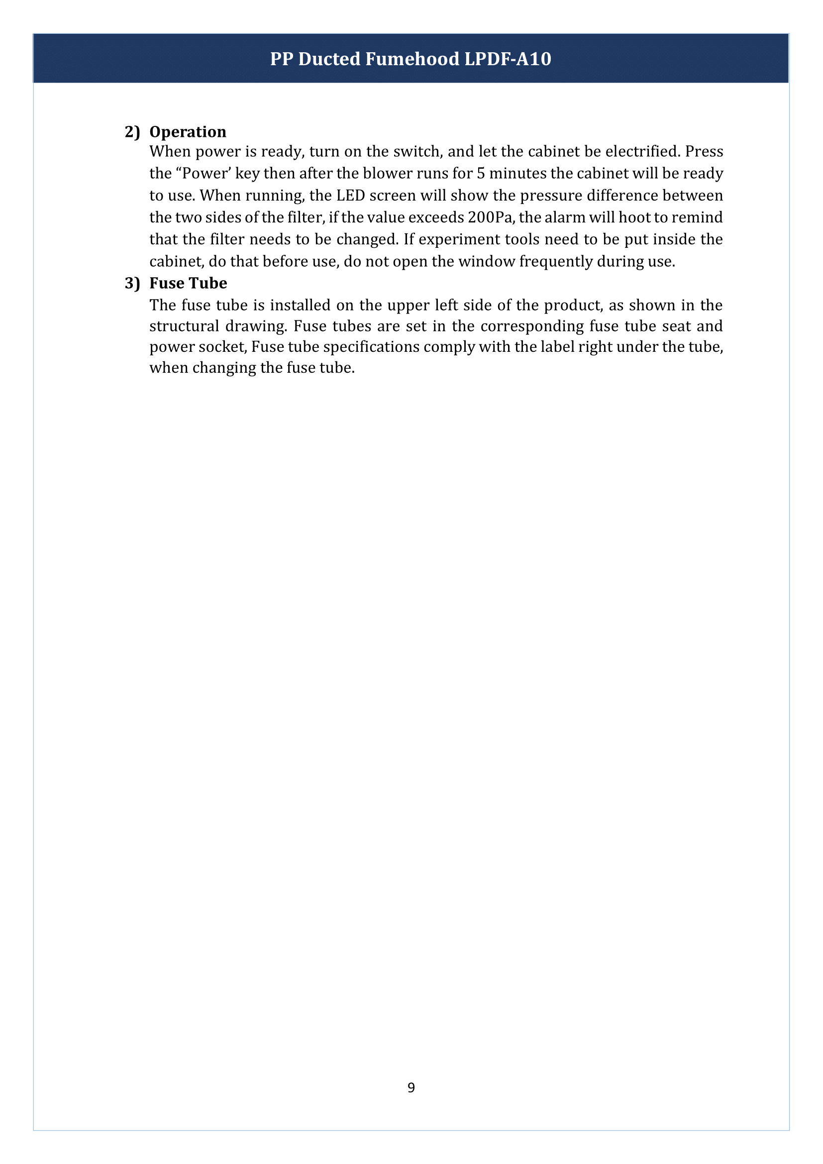 PP Ducted Fume Hood LPDF-A10 Manual