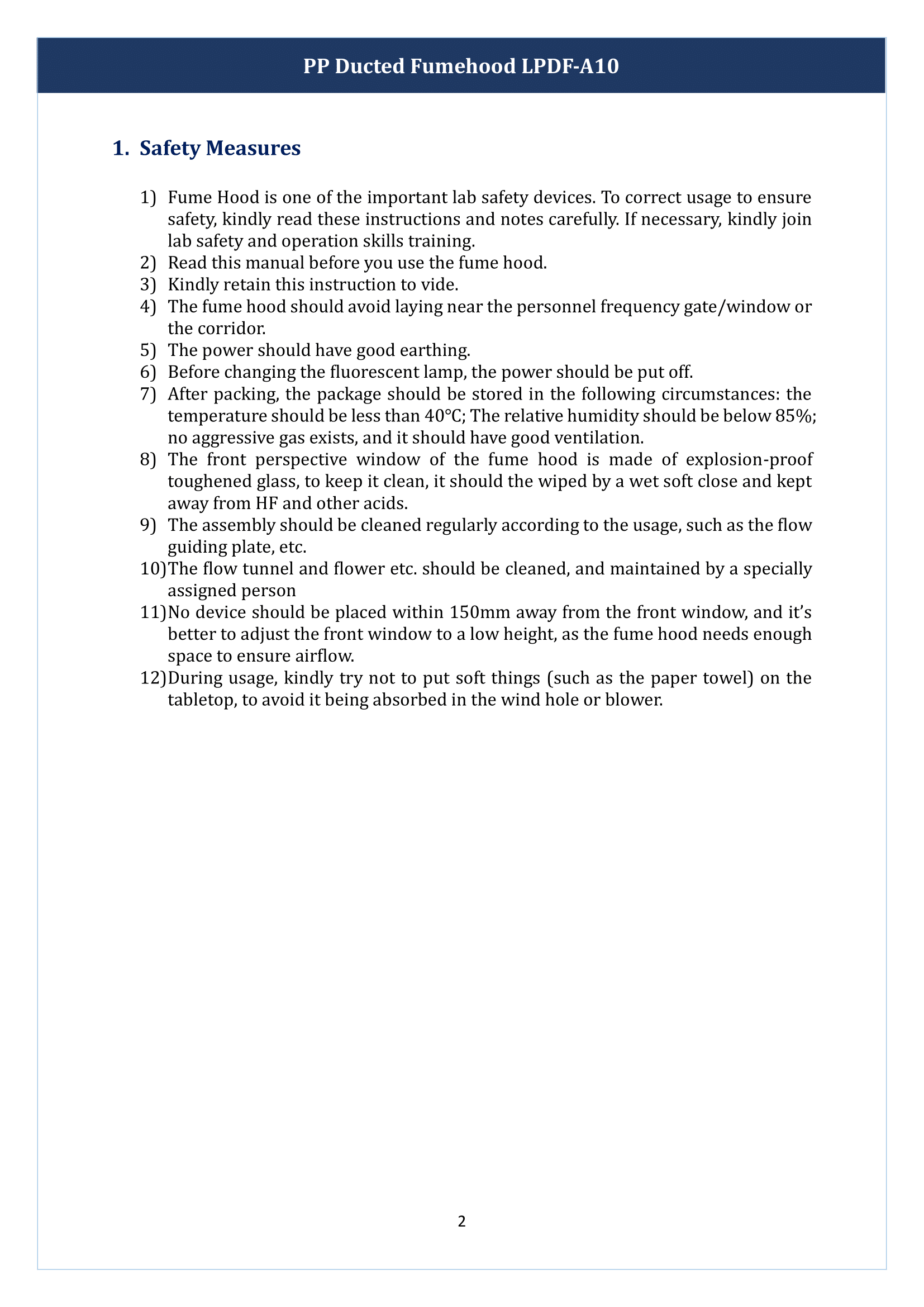 PP Ducted Fume Hood LPDF-A10 Manual