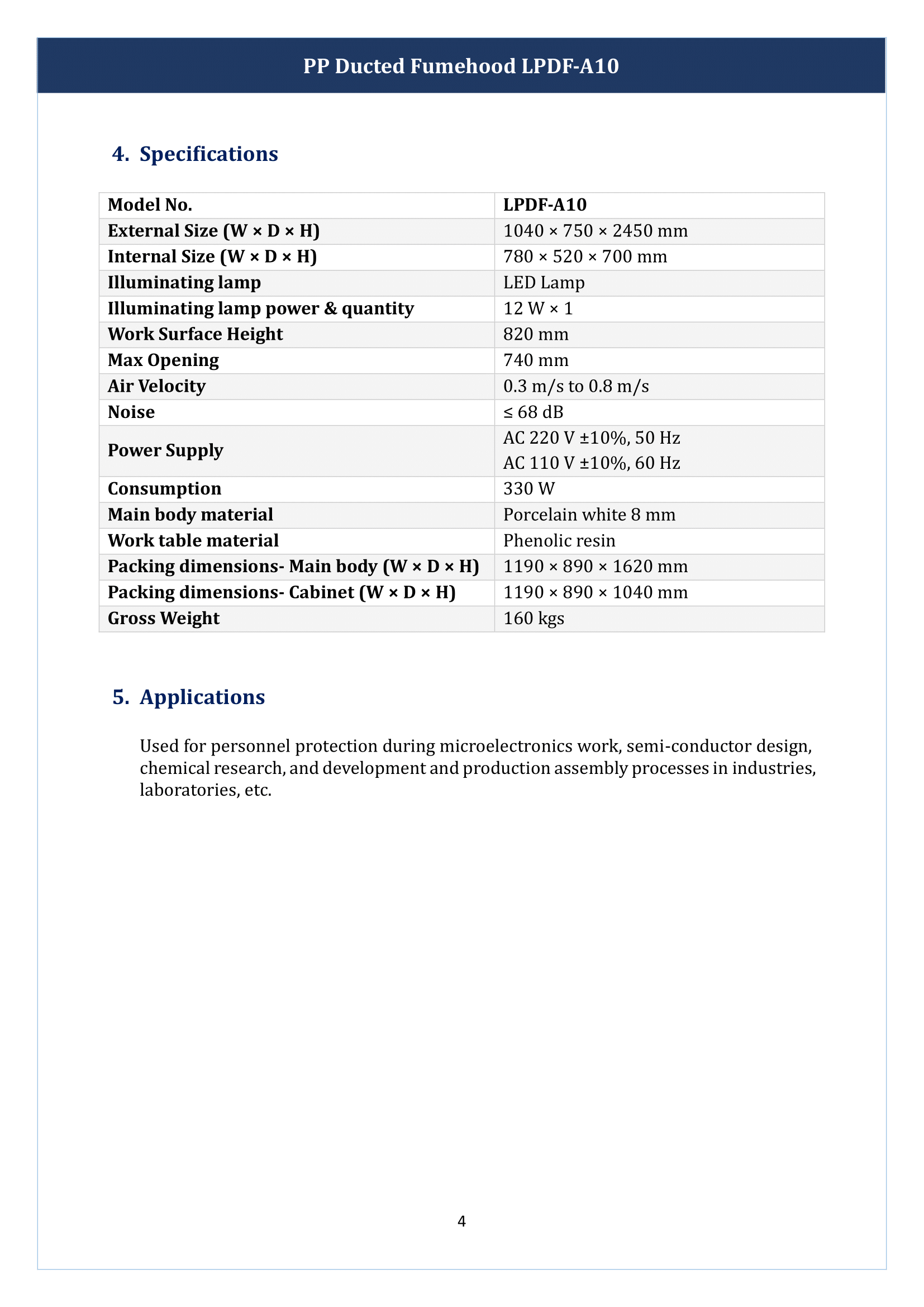 PP Ducted Fume Hood LPDF-A10 Manual