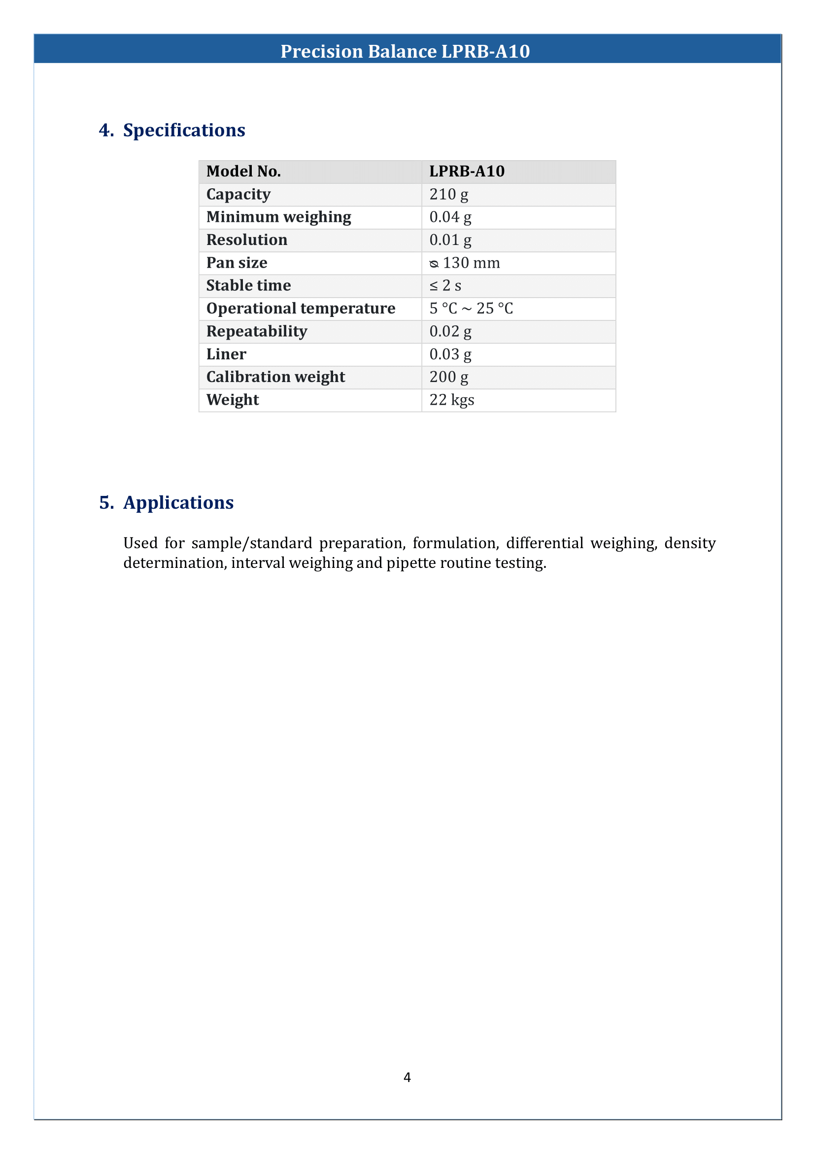 Precision Balance LPRB-A10 Manual
