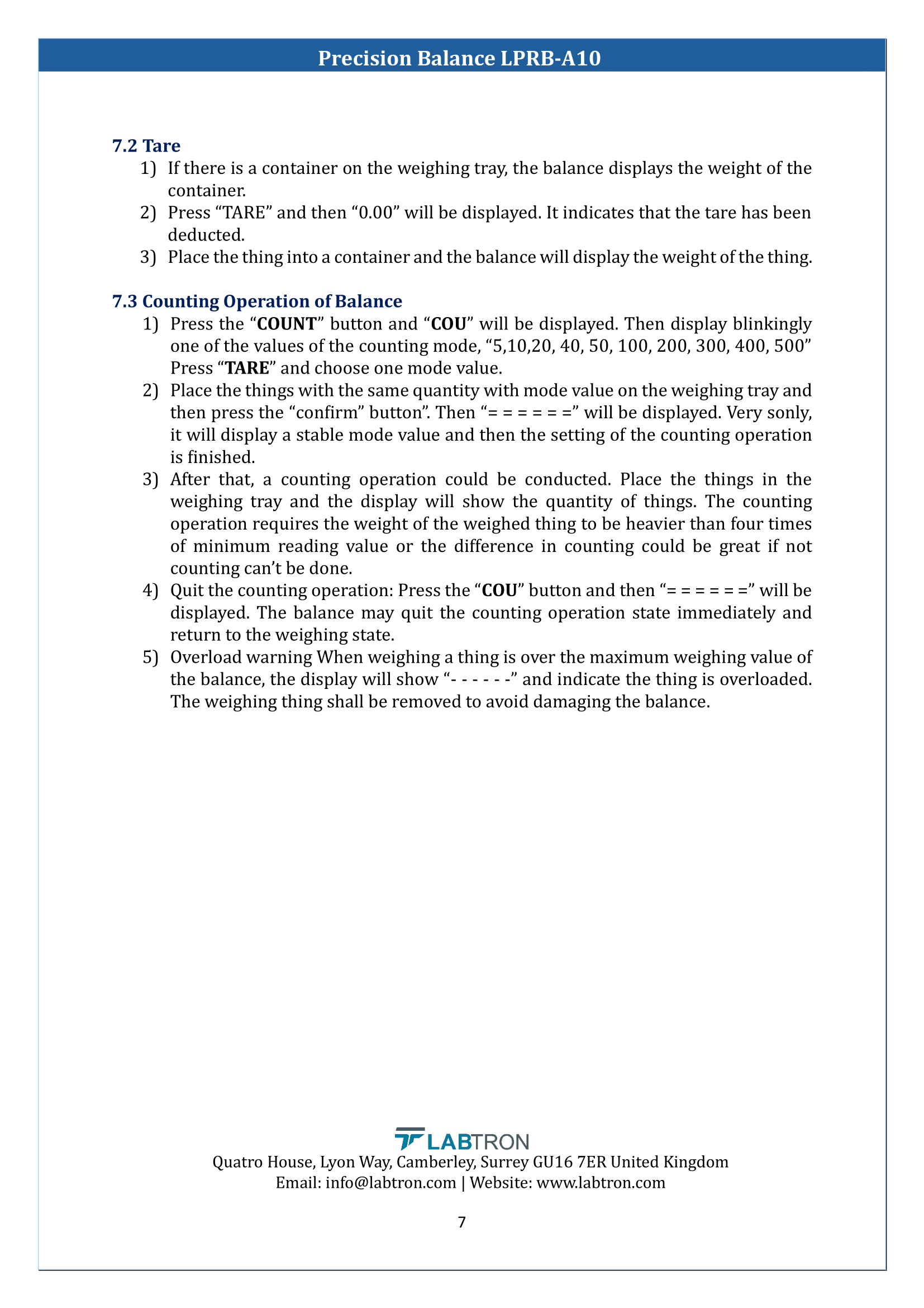 Precision Balance LPRB-A10 Manual