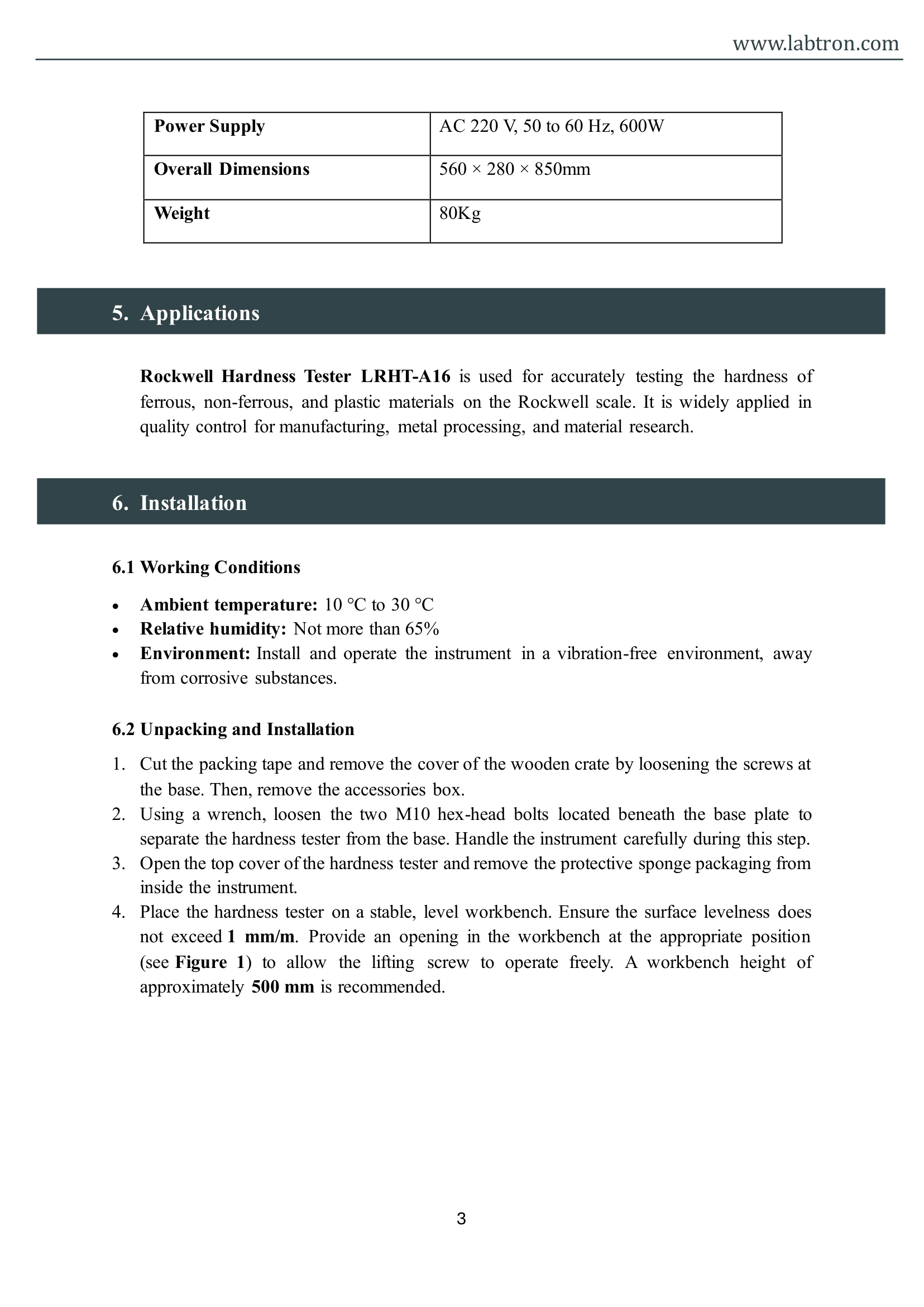 Rockwell Hardness Tester LRHT-A16 Manual