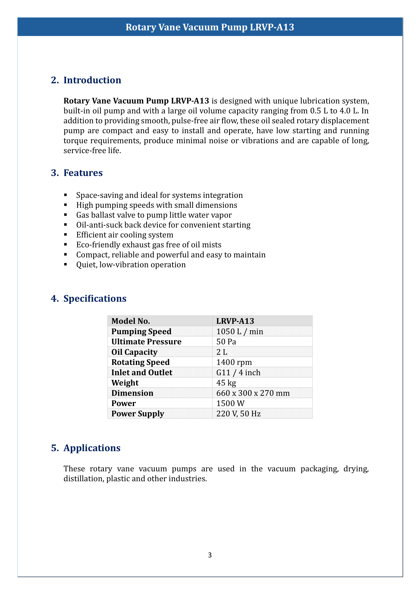 Rotary Vane Vacuum Pump LRVP-A13 Manual