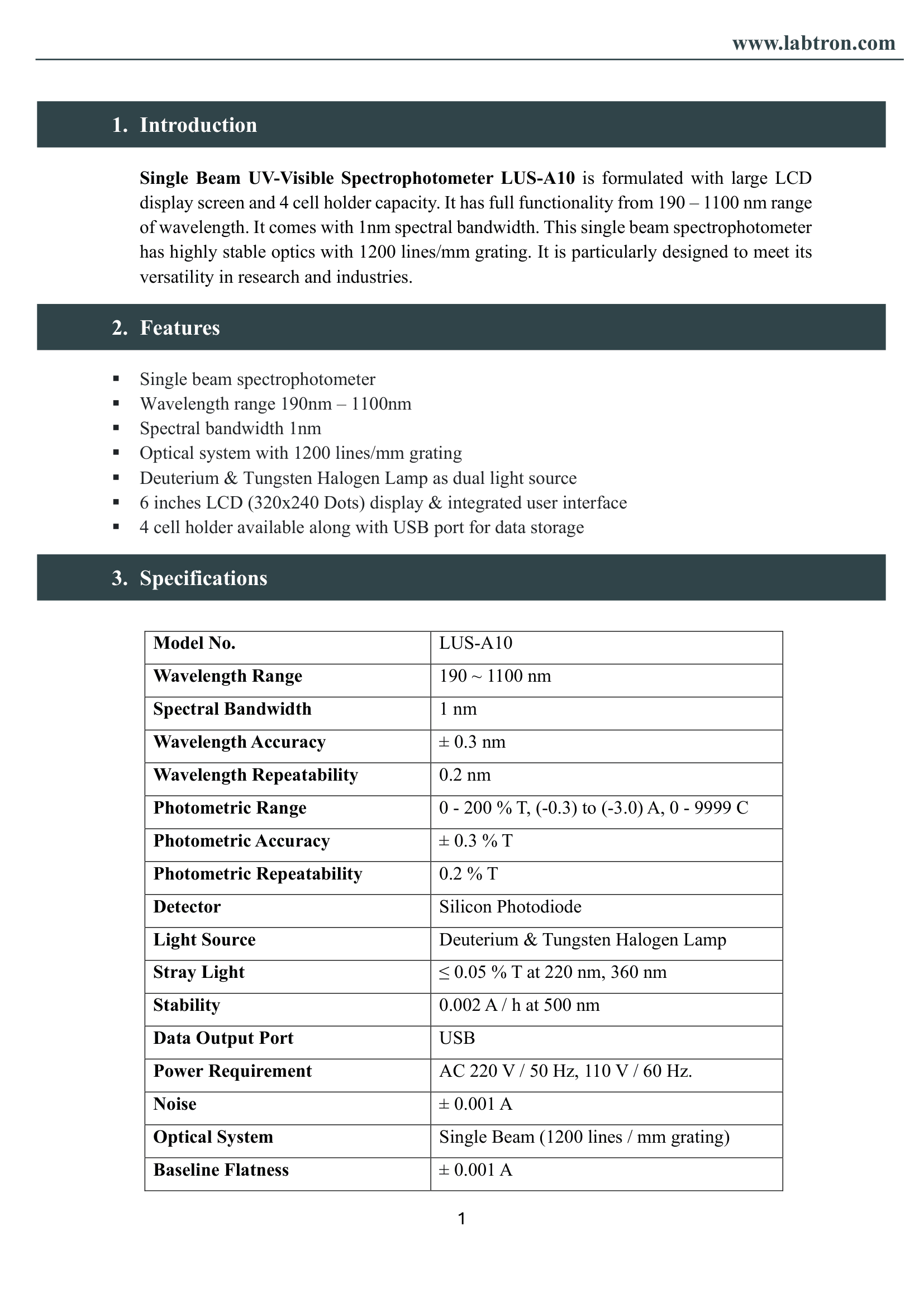 Single Beam UV-Visible Spectrophotometer LUS-A10 Manual