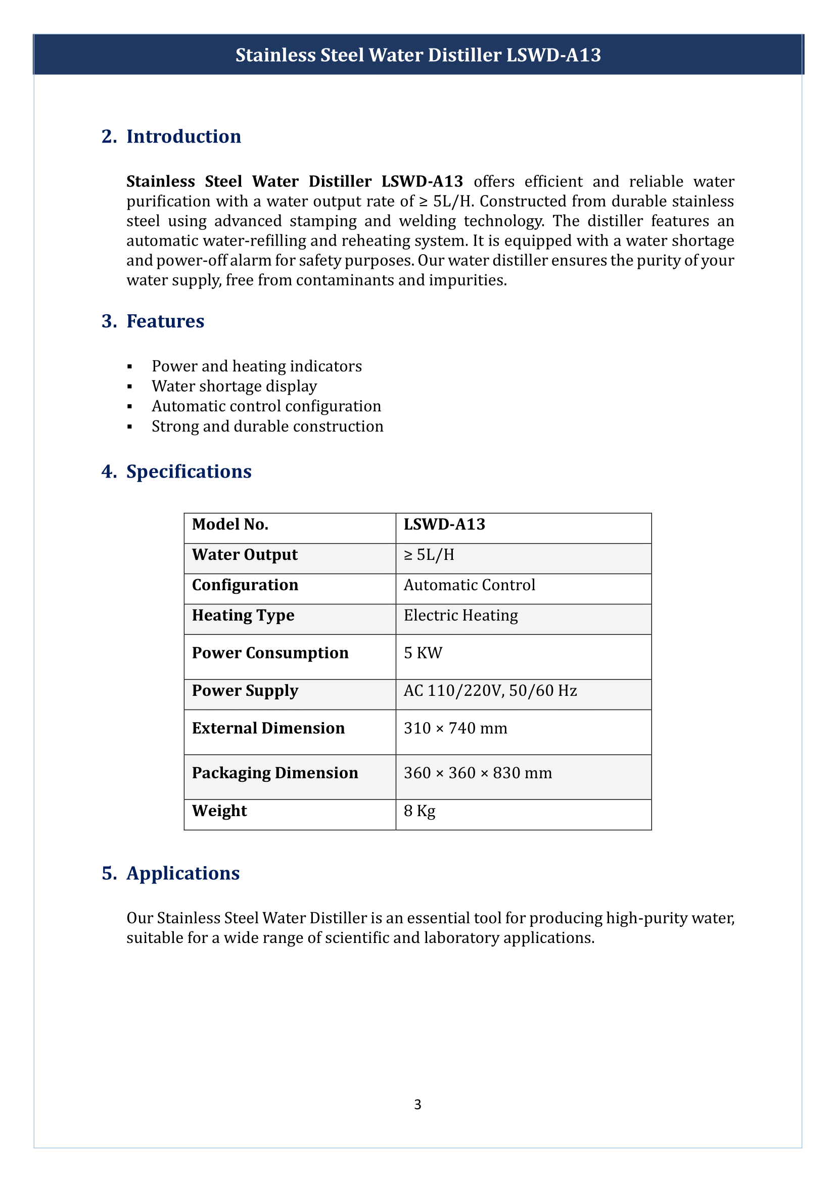 Stainless Steel Water Distiller LSWD-A13 Manual