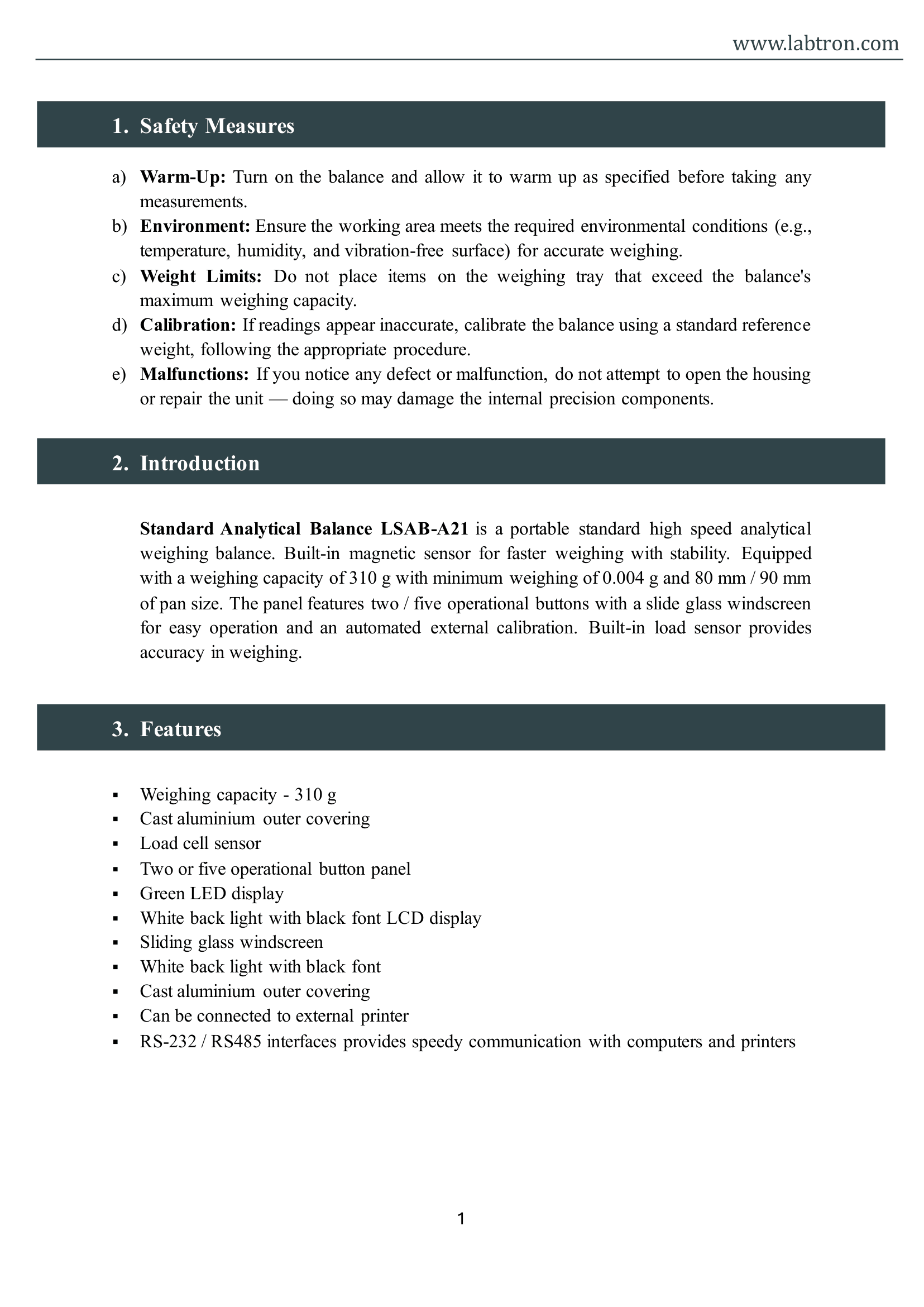 Standard Analytical Balance LSAB-A21 Manual