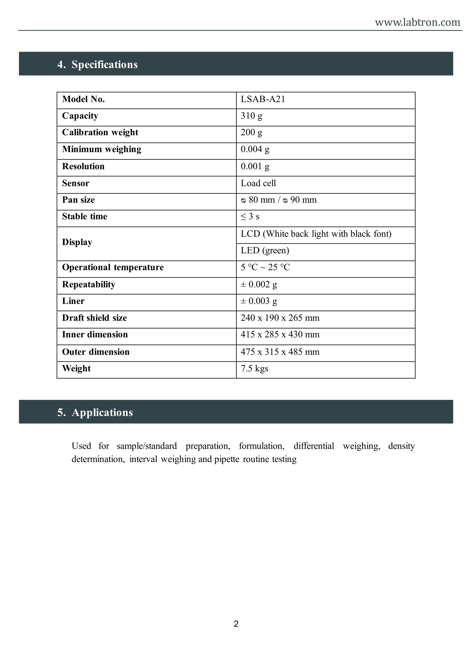 Standard Analytical Balance LSAB-A21 Manual