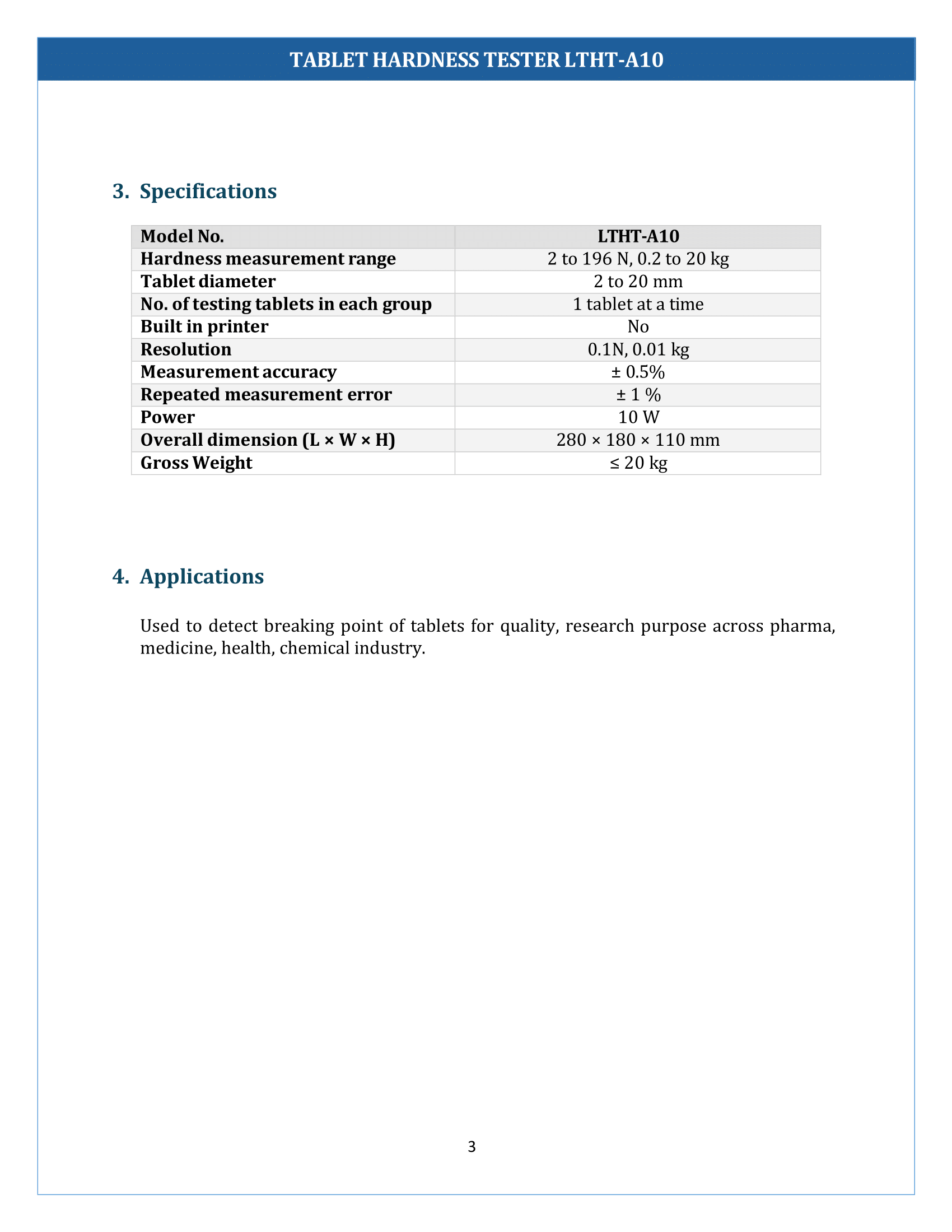 Tablet Hardness tester LTHT-A10 Manual