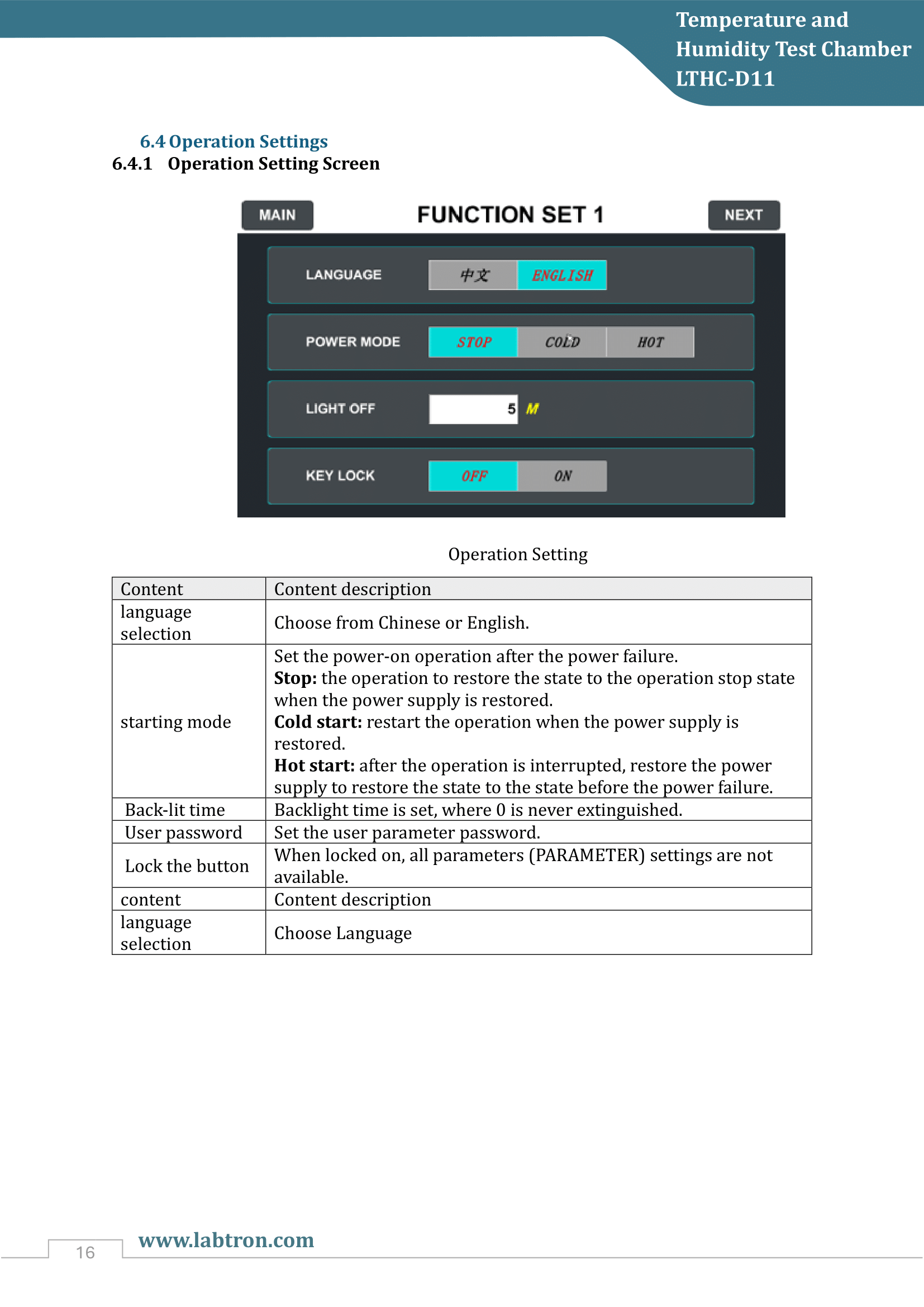 Temperature and Humidity Test Chamber LTHC-D11 Manual