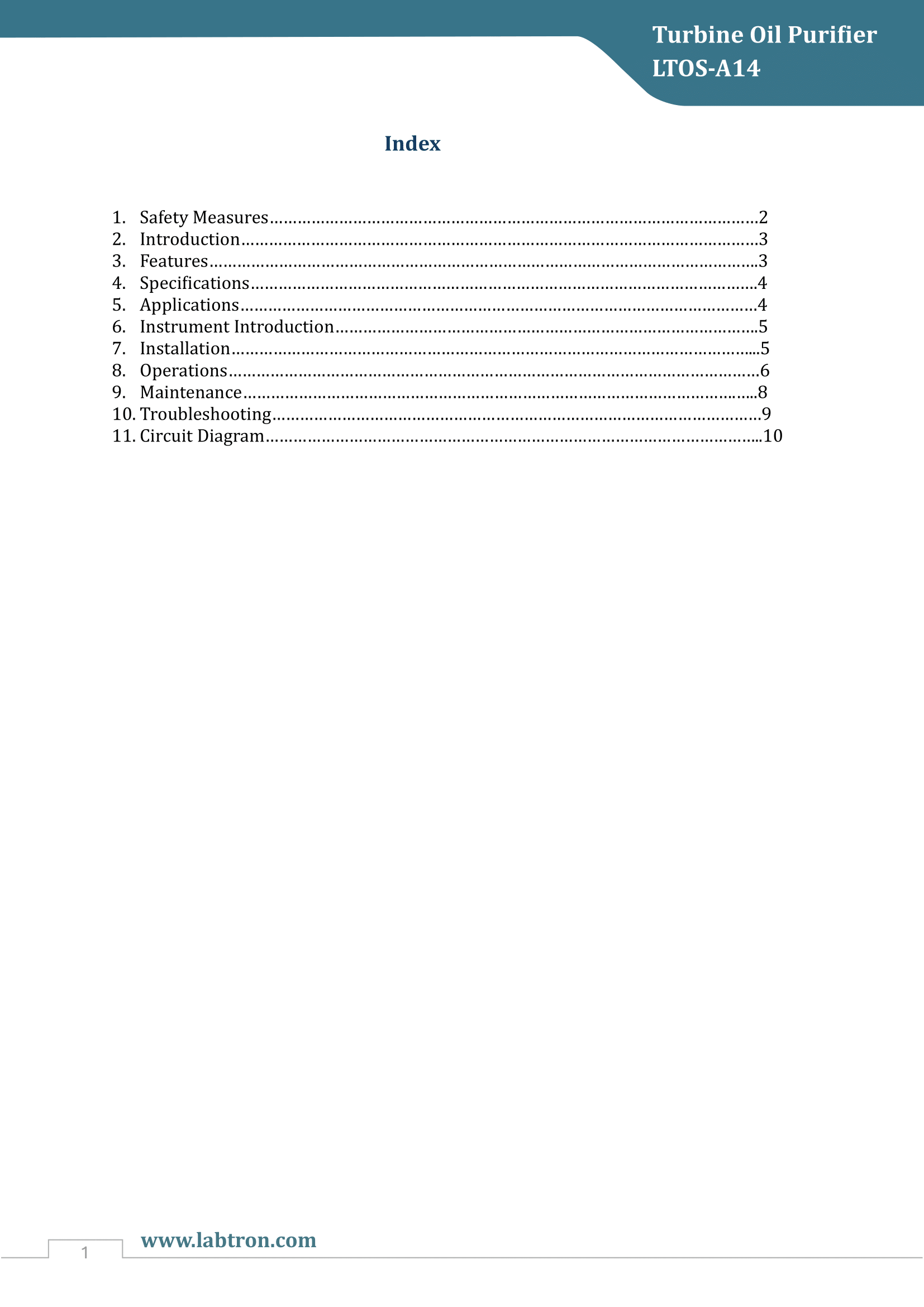 Turbine Oil Purifier LTOS-A14 Manual