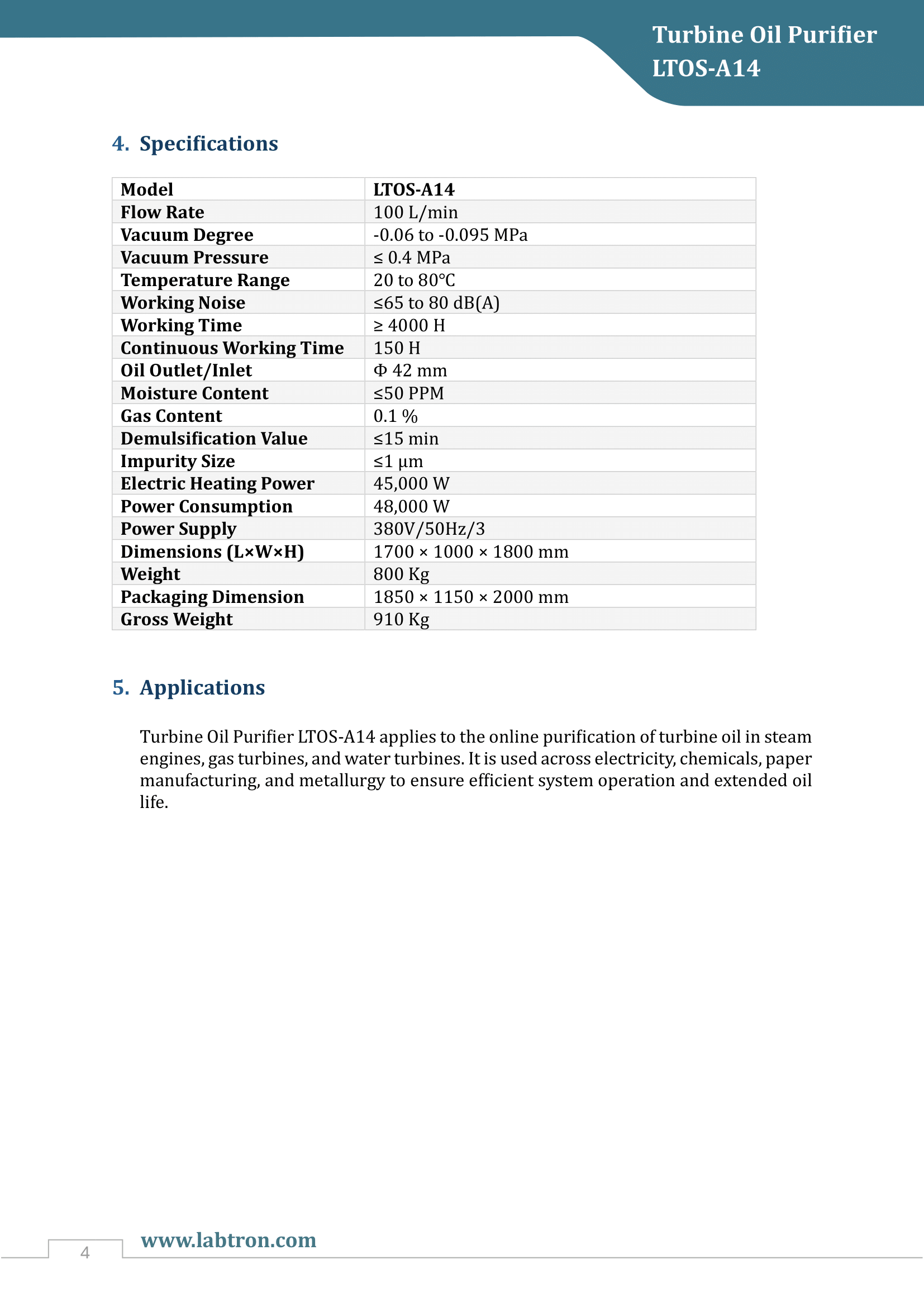 Turbine Oil Purifier LTOS-A14 Manual