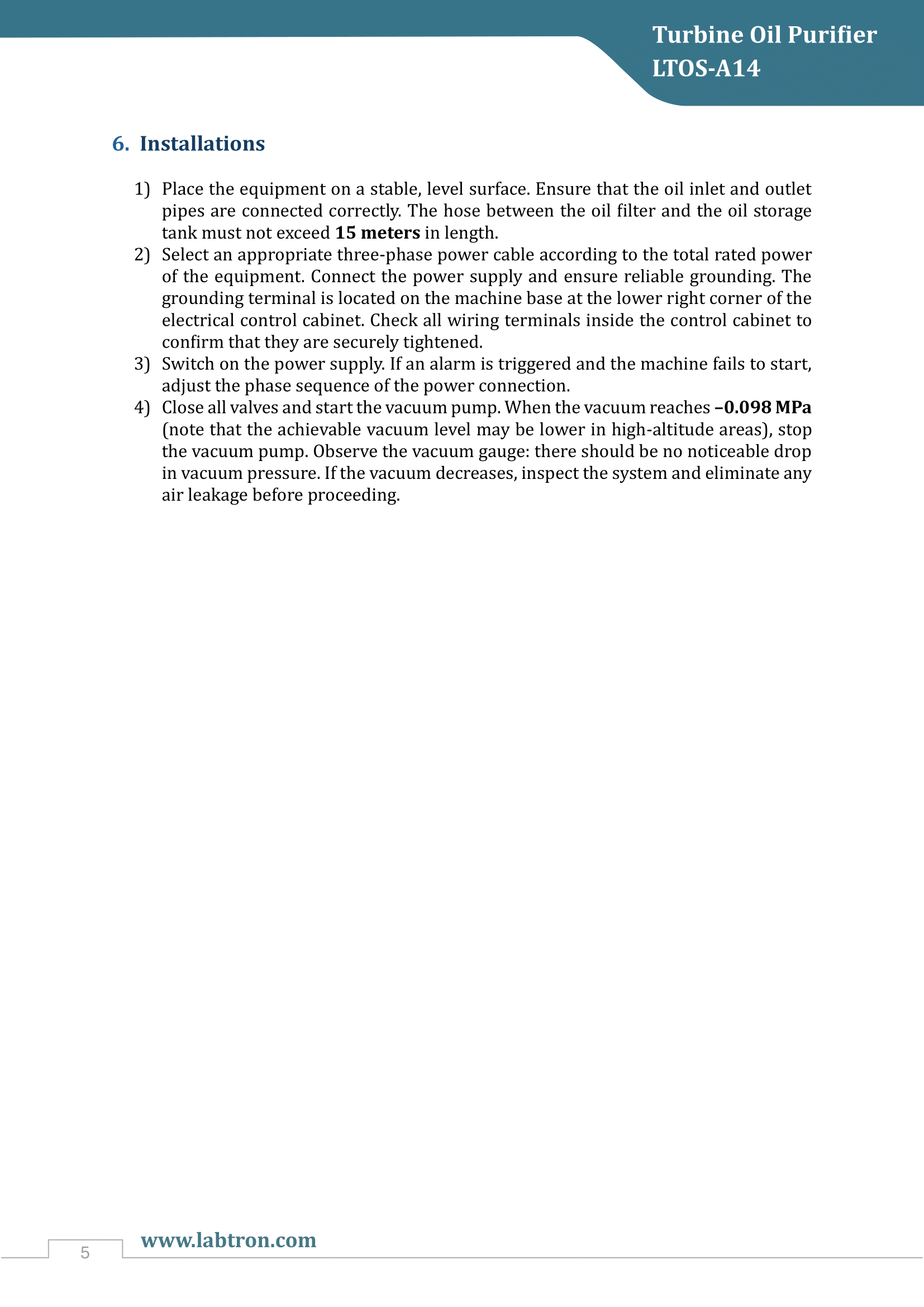 Turbine Oil Purifier LTOS-A14 Manual