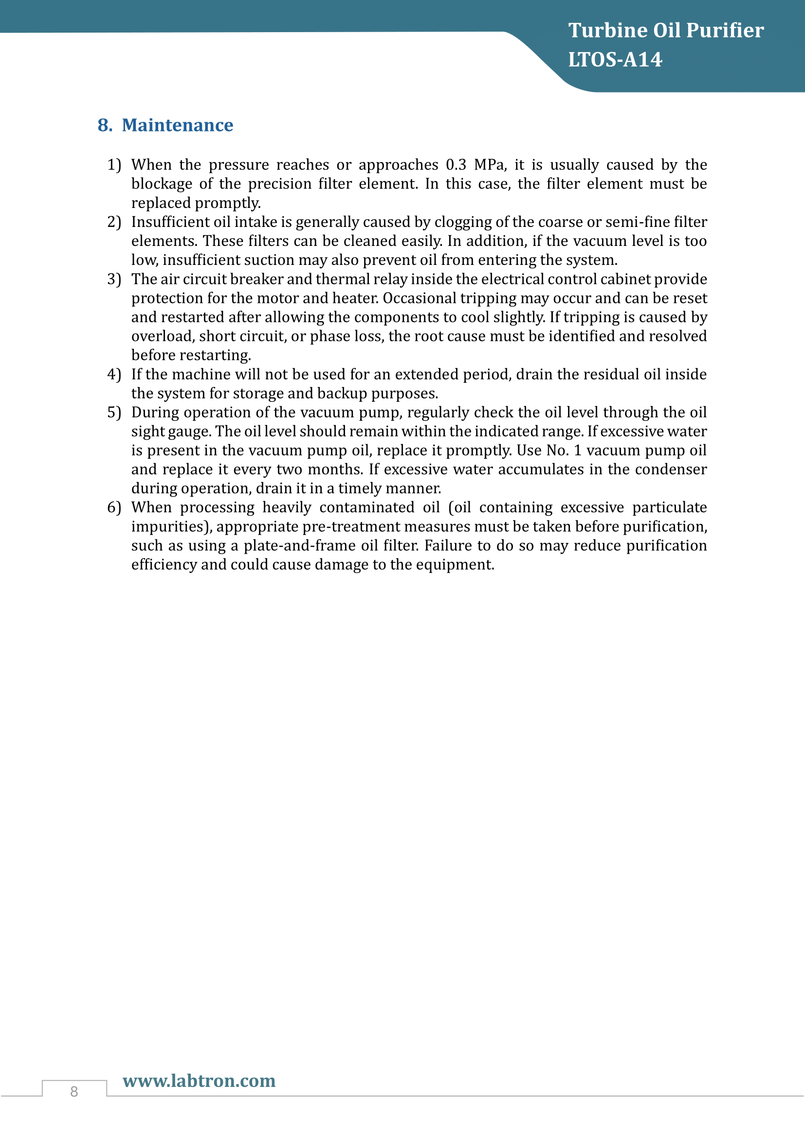 Turbine Oil Purifier LTOS-A14 Manual