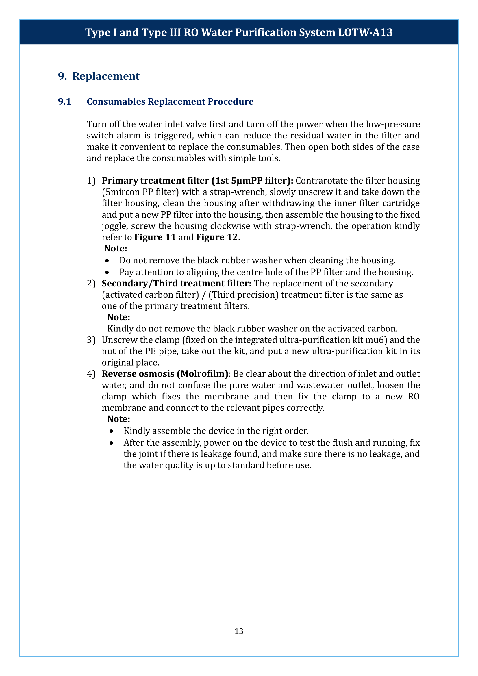 Type I And Type III RO Water Purification System LOTW-A13 Manual