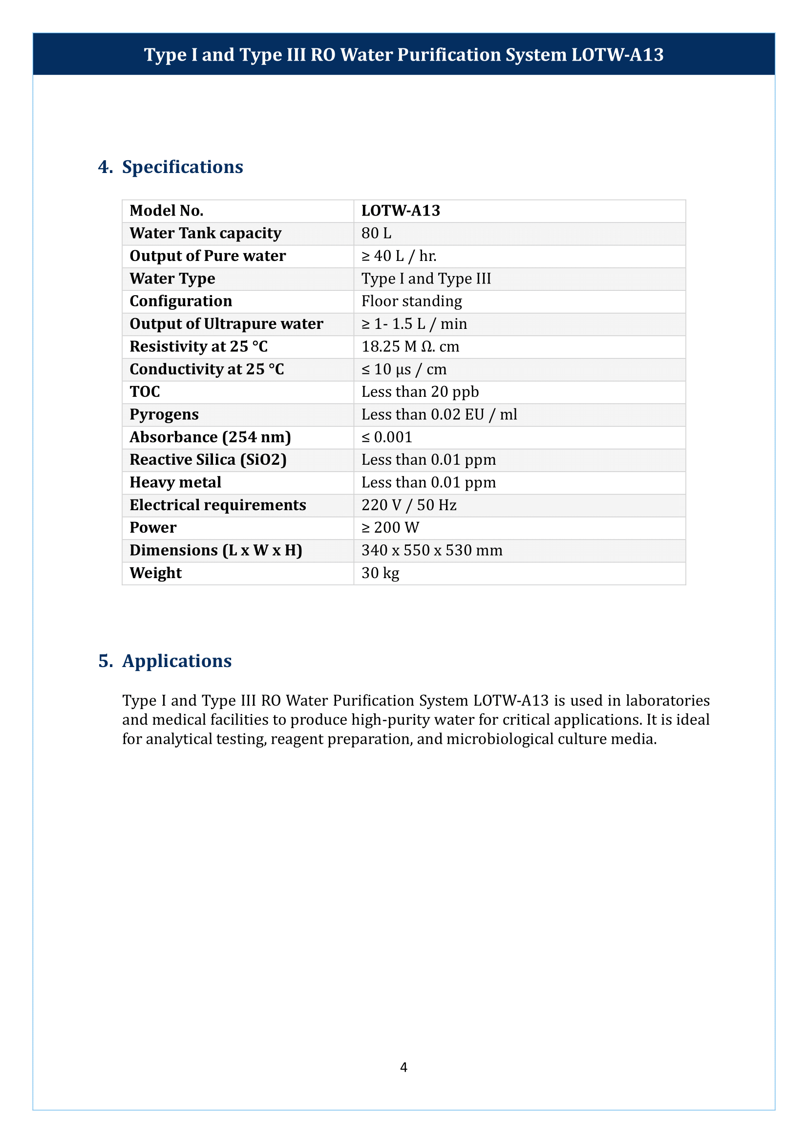 Type I And Type III RO Water Purification System LOTW-A13 Manual