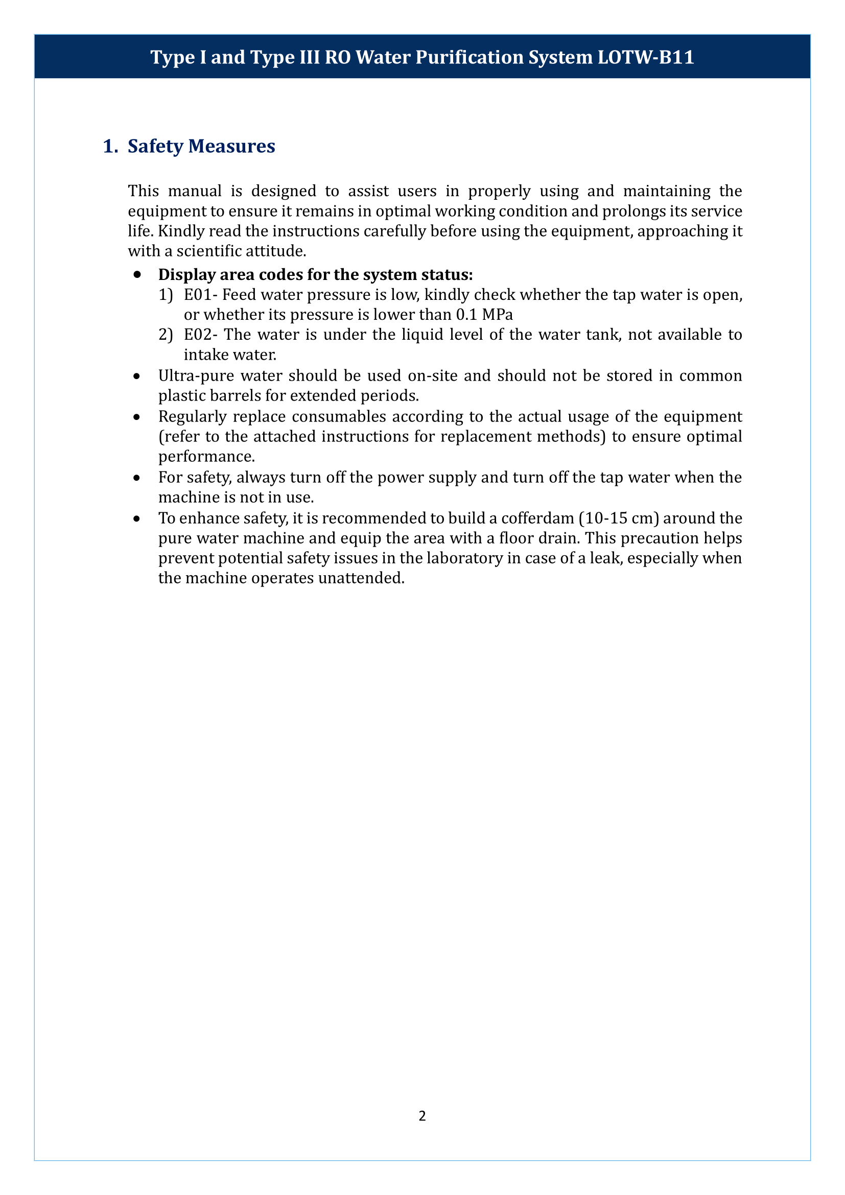Type I And Type III RO Water Purification System LOTW-B11 Manual