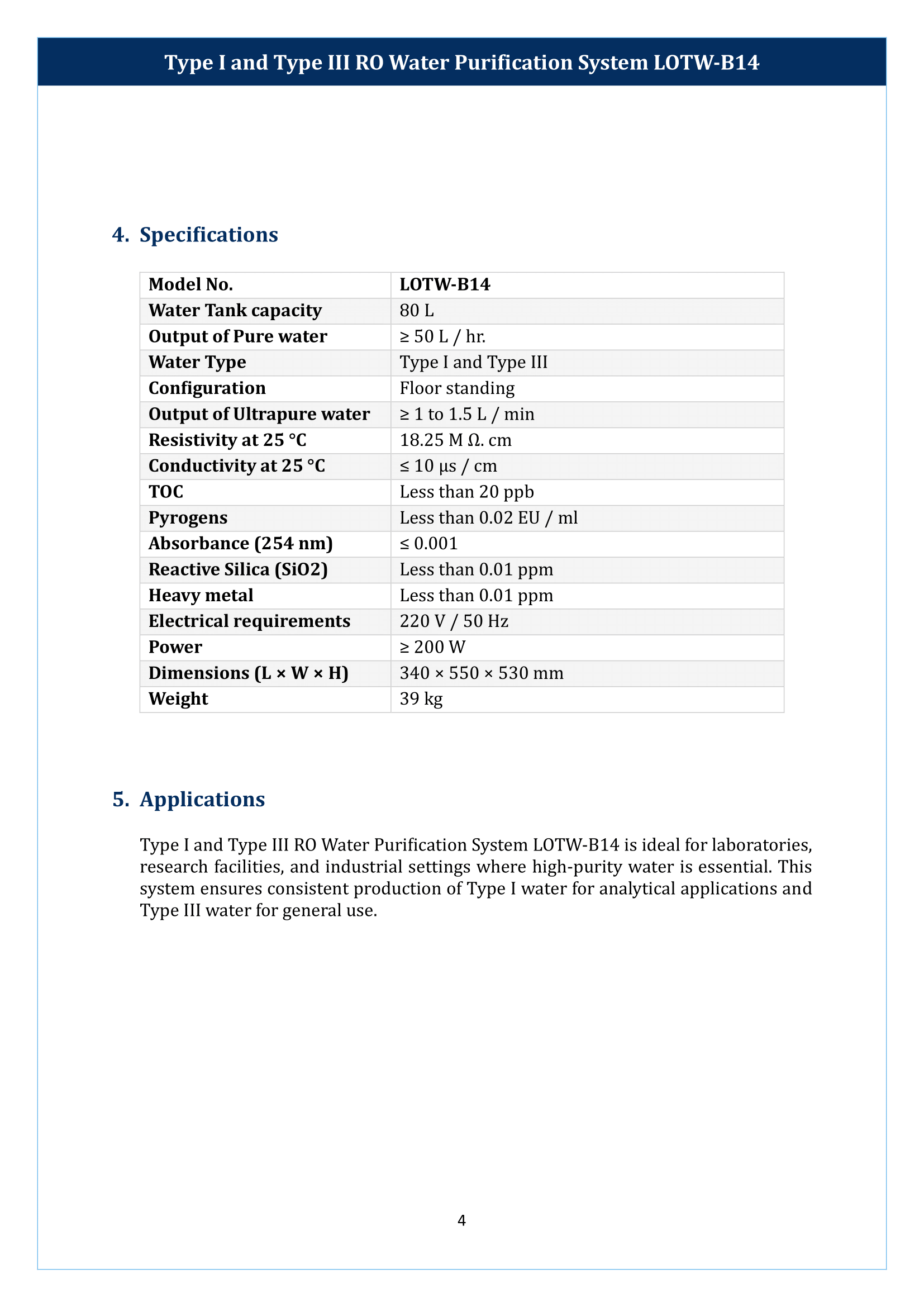 Type I And Type III RO Water Purification System LOTW-B14 Manual