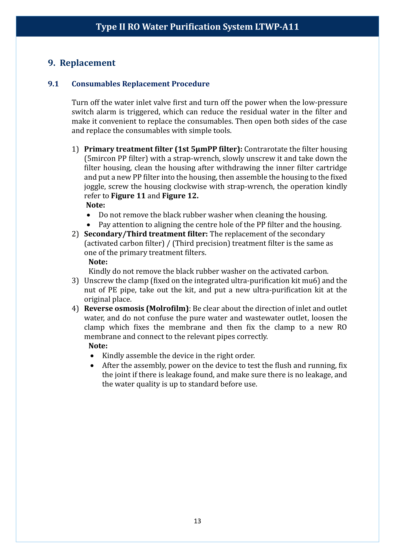 Type II RO Water Purification System LTWP-A11 Manual
