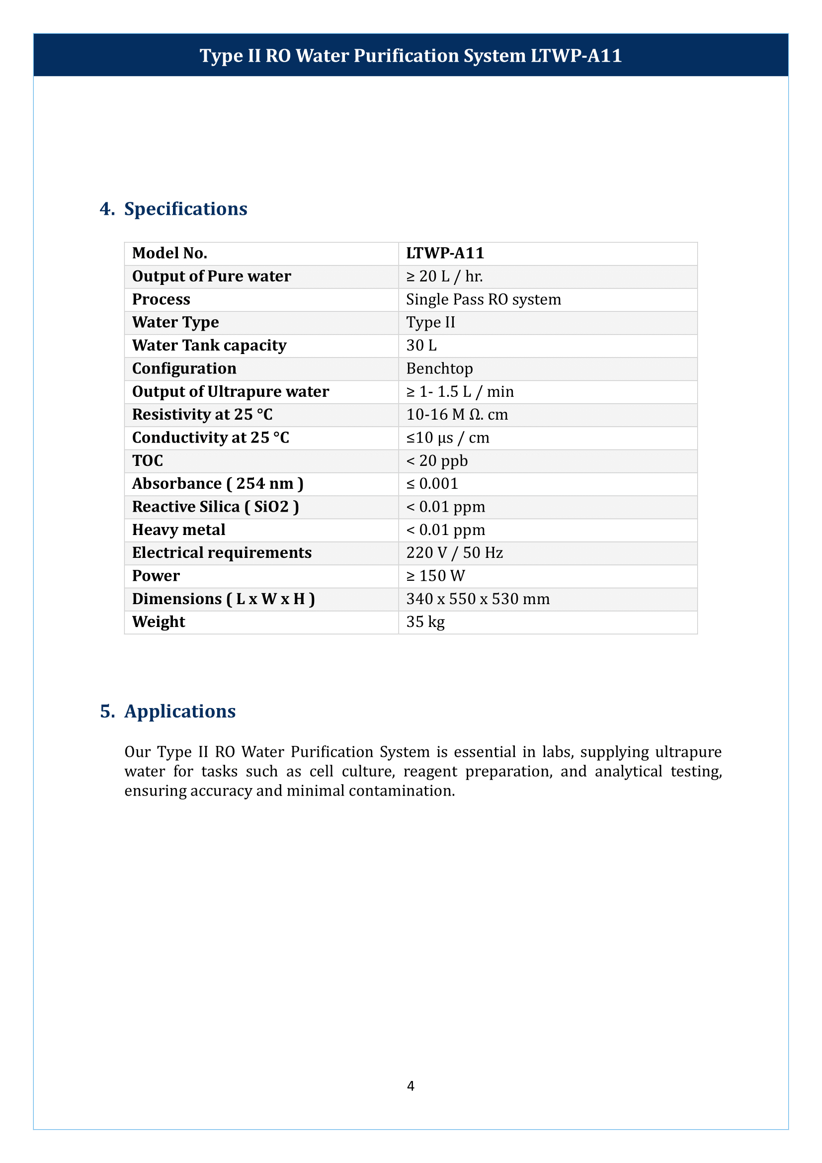 Type II RO Water Purification System LTWP-A11 Manual