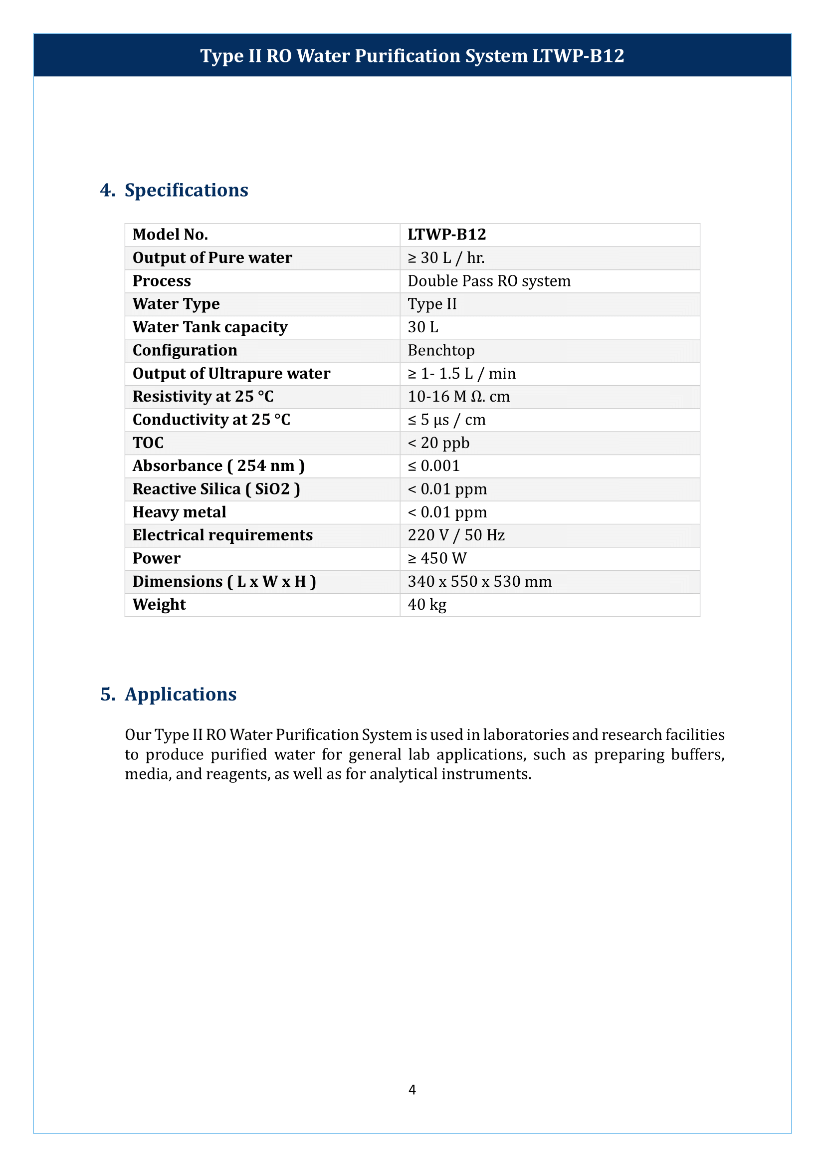 Type II RO Water Purification System LTWP-B12 Manual