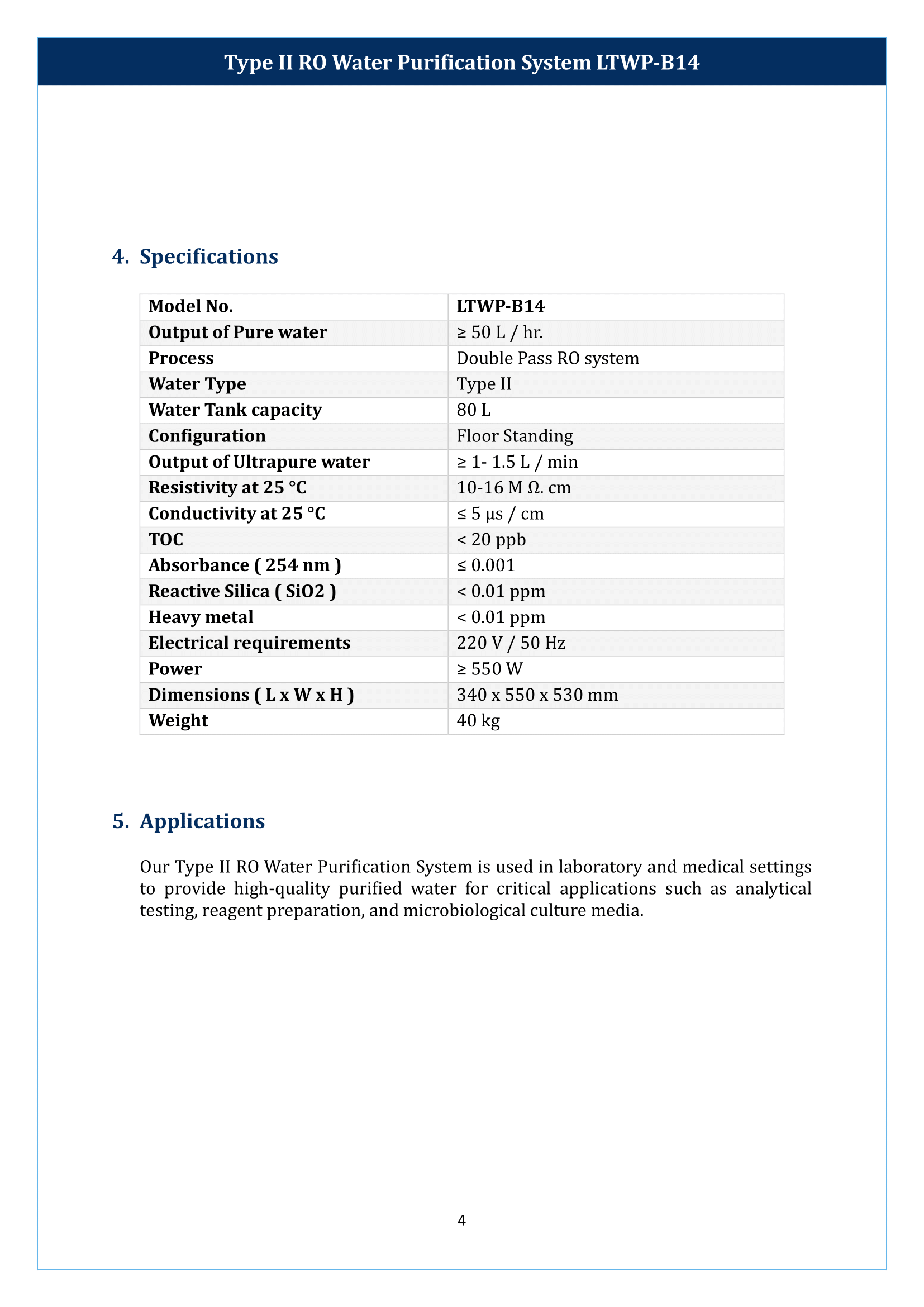 Type II RO Water Purification System LTWP-B14 Manual
