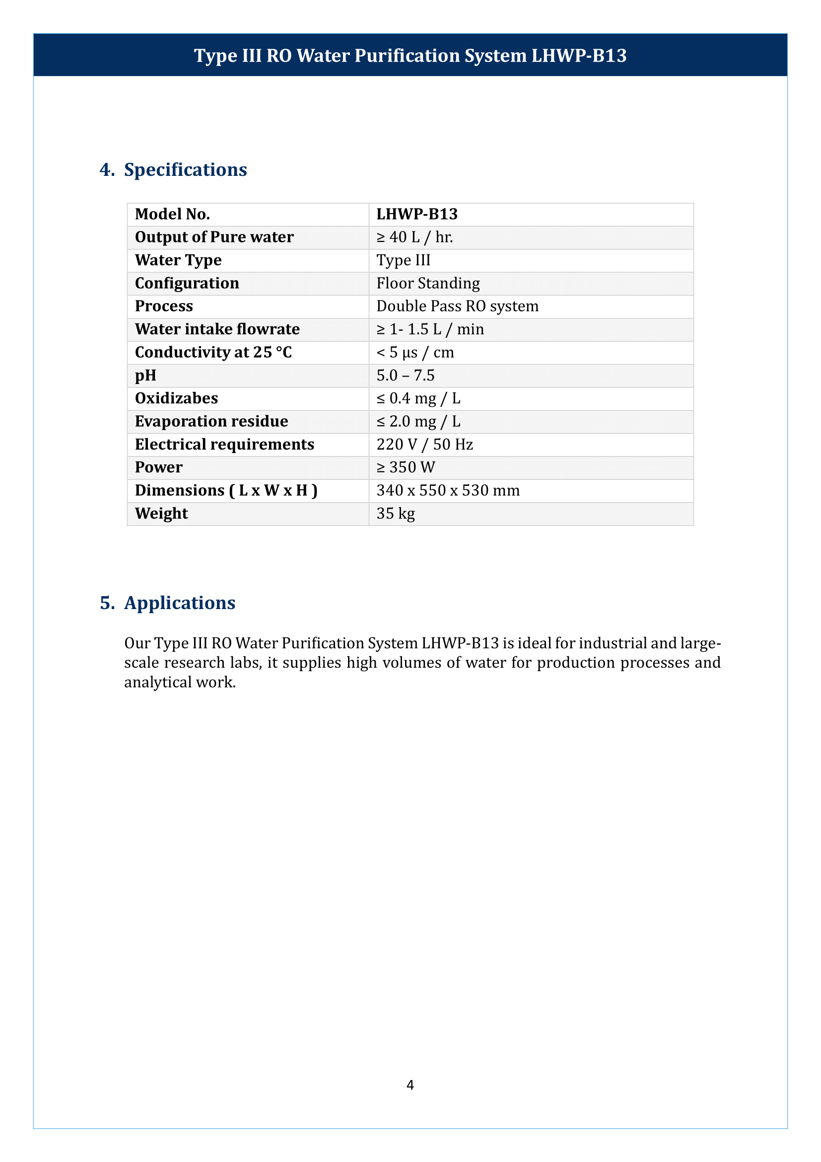 Type III RO Water Purification System LHWP-B13 Manual