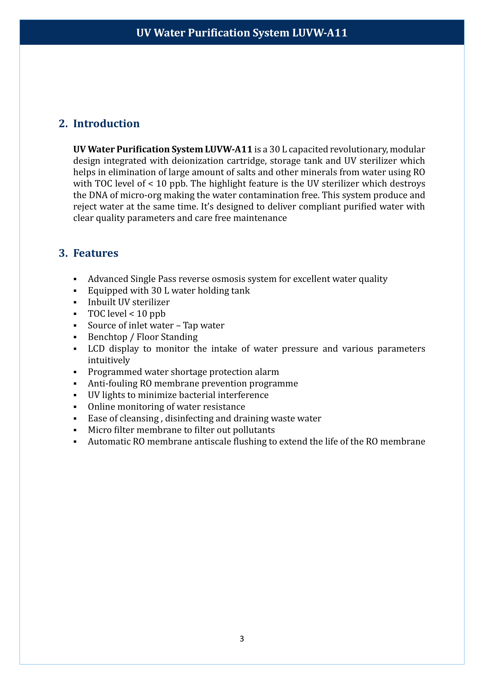UV Water Purification System LUVW-A11 Manual