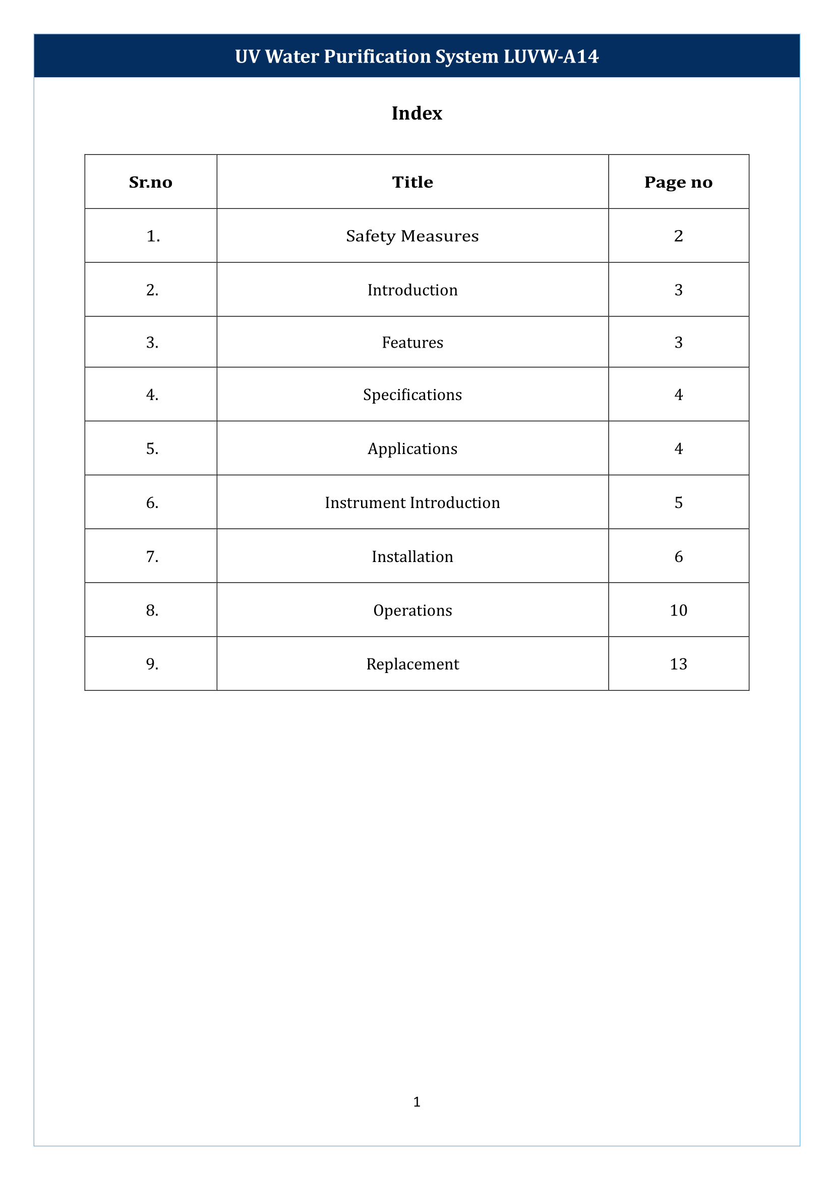UV Water Purification System LUVW-A14 Manual