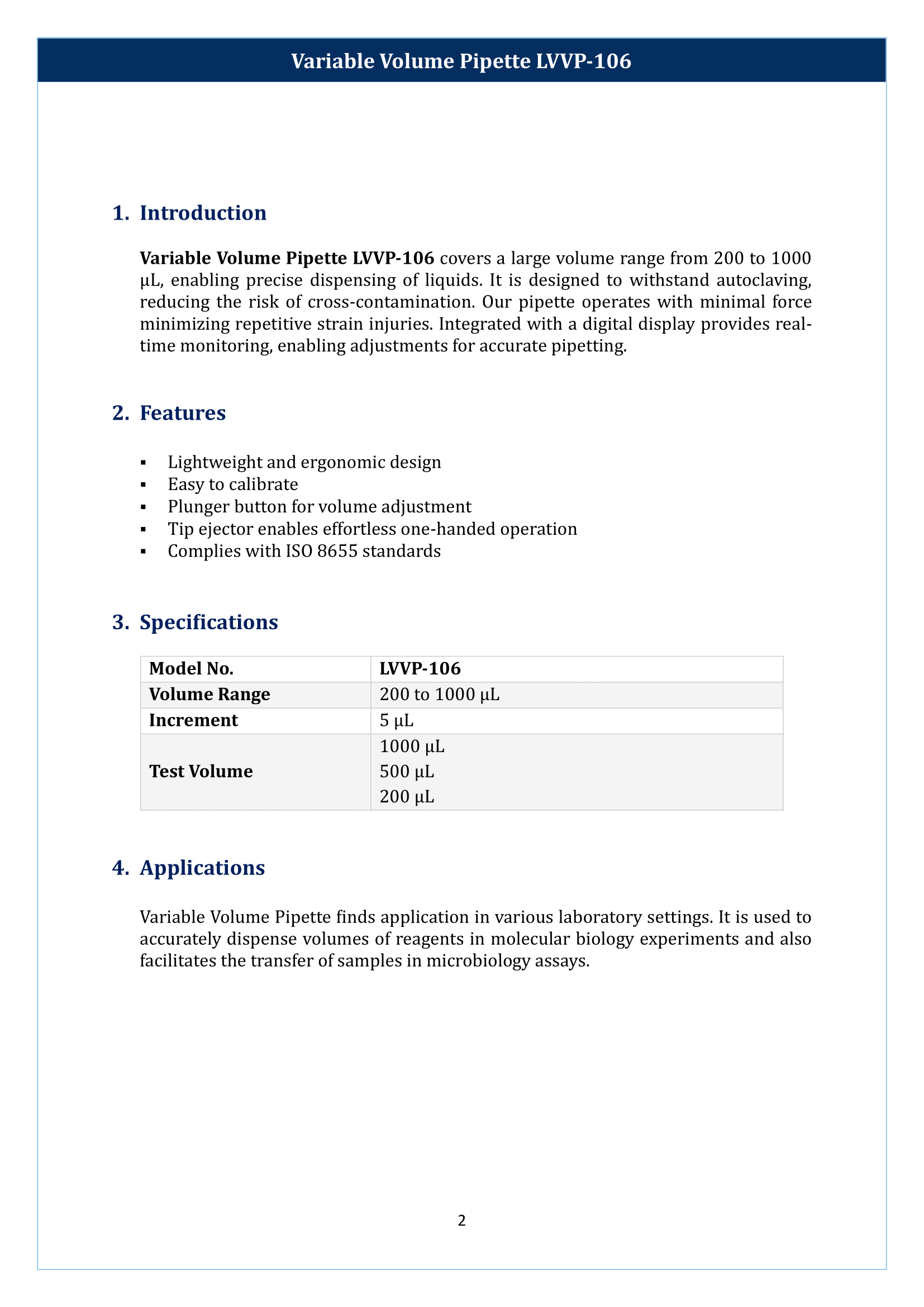 Variable Volume Pipette LVVP-106 Manual