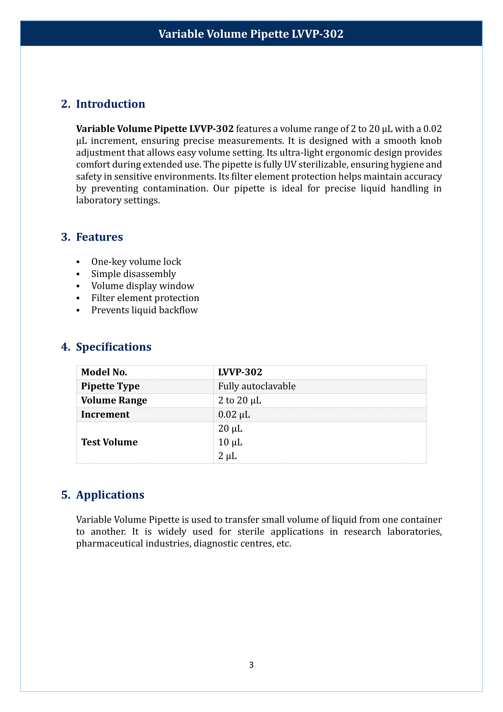 Variable Volume Pipette LVVP-302 Manual
