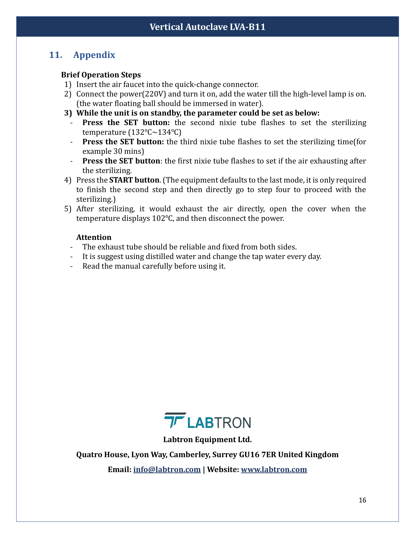 Vertical Autoclave LVA-B11 Manual