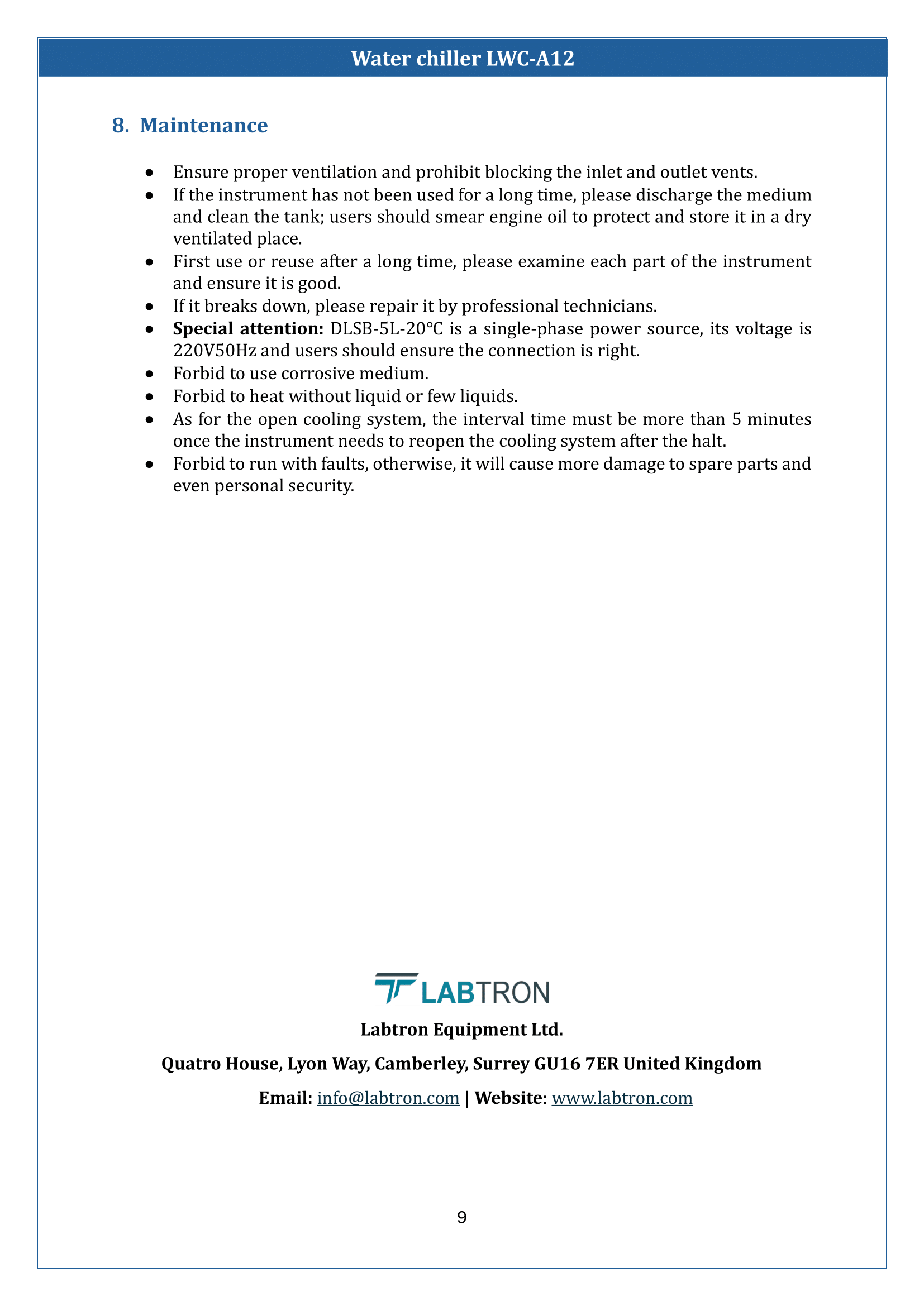 Water chillers LWC-A12 Manual